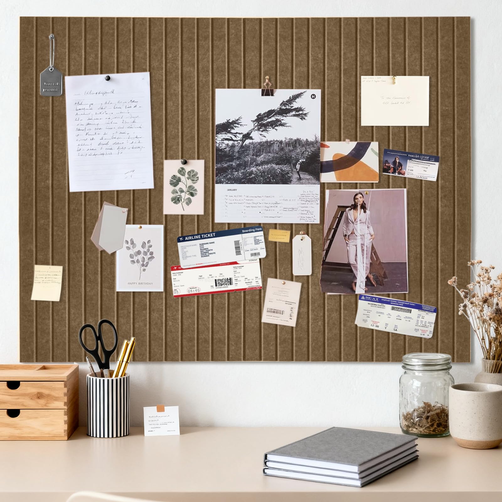Pin Board, Large, Self-Adhesive, 120 x 90 cm, Self-Adhesive Pin Board, Cork Board, Light Camel, Decorative Felt Notice Board, Foldable Photo Board, Memo Board, Vision Board for Office, Home and