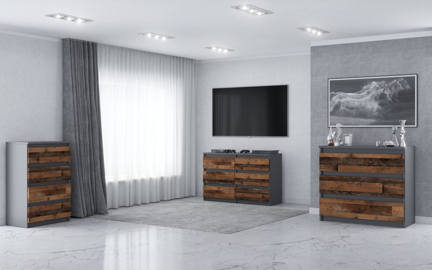 Laag dressoir met 6 laden - Ladekast - MDF hout en goud metaal - 60 x 34 x 90 cm - Wit