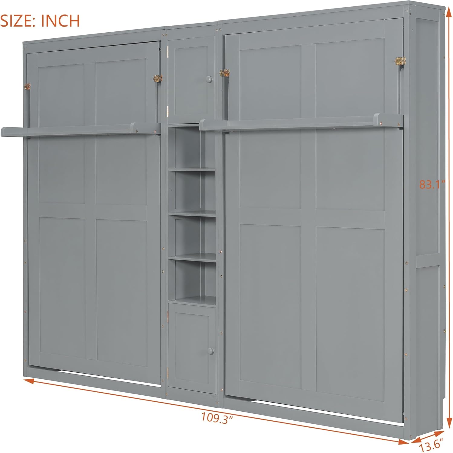 THINK 30 Dual Twin Murphy Bed with both beds folded up, showing dimensions.