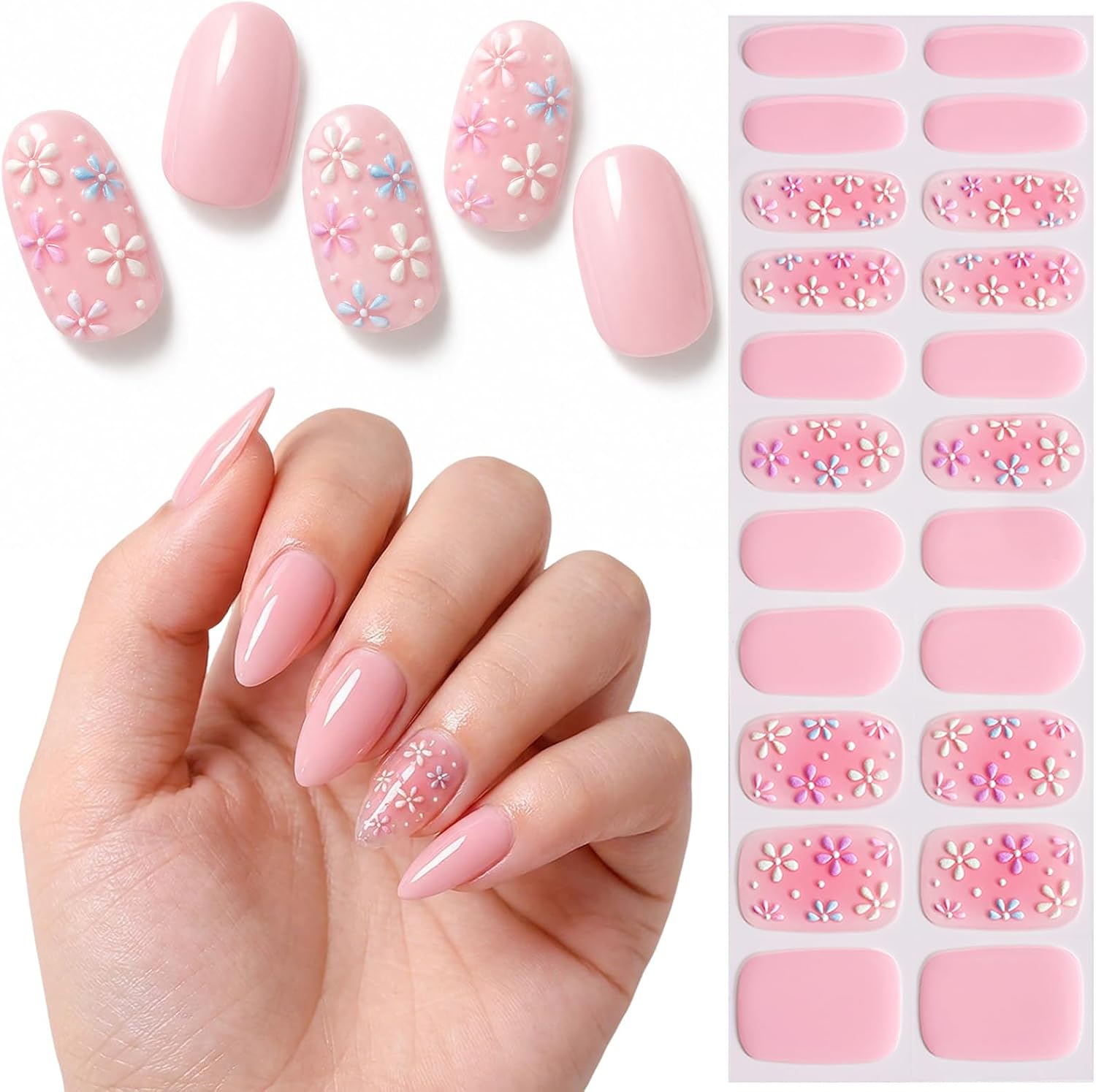 Pink Gel Nail Strips for Women, No UV Lamp Needed, 3D Embossed Flower Nail Stickers, Glossy Full Cover Self Adhesive Nail Wraps, Long Lasting DIY Salon Manicure