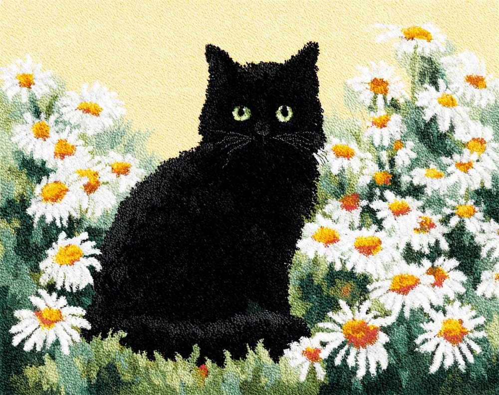 Kitquiver Animal DIY Latch Hook Rug Kits for Beginners Adults,Black Cat and Daisies,Latch Hook Rug Kits Carpet Making Crafts DIY Craft Gifts 15X20In