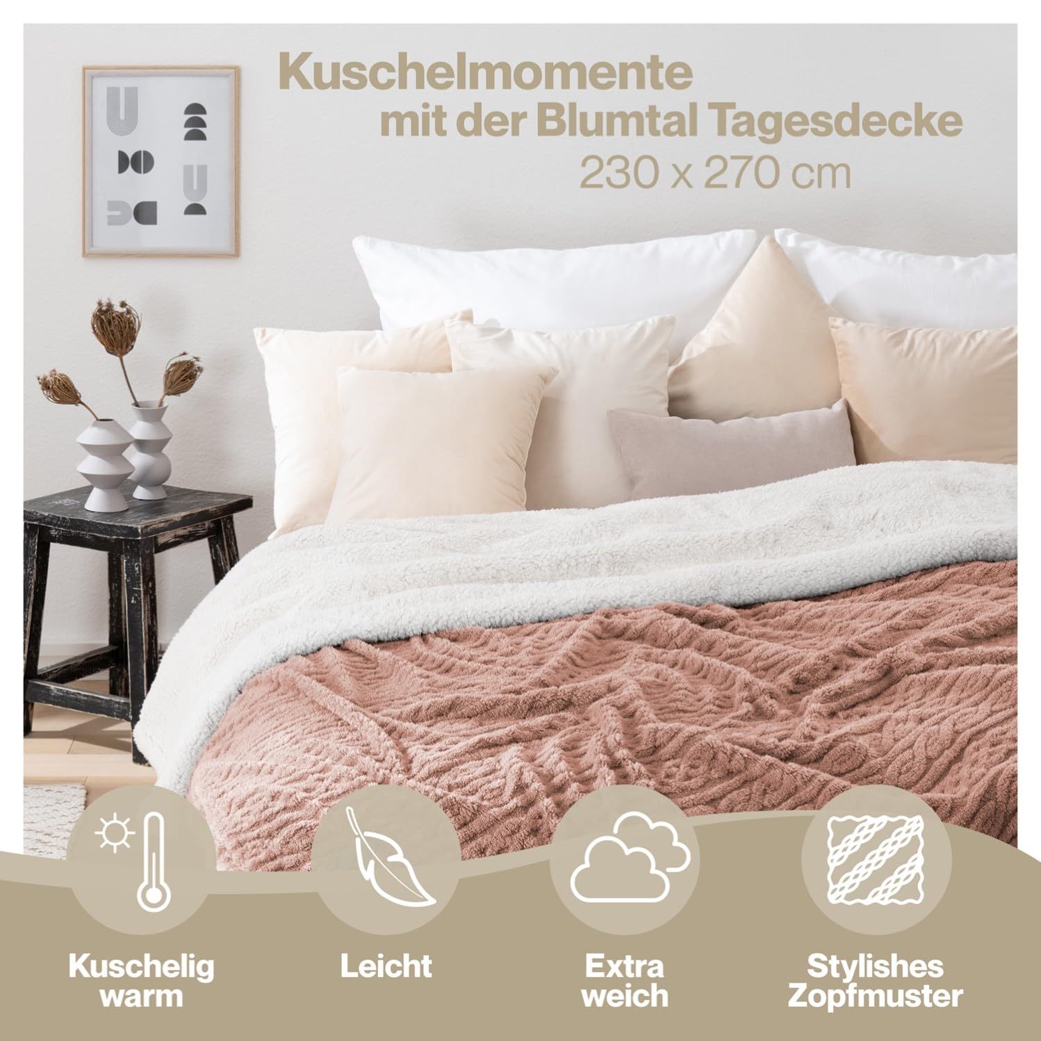Blumtal Kuscheldecke 230x270 cm mit Zopfstrick-Optik - Oeko-TEX zertifizierte Mikrofaser Fleecedecke 230x270 cm mit weicher Sherpa-Innenseite - Bettüberwurf 220x240 - Dusty Pink