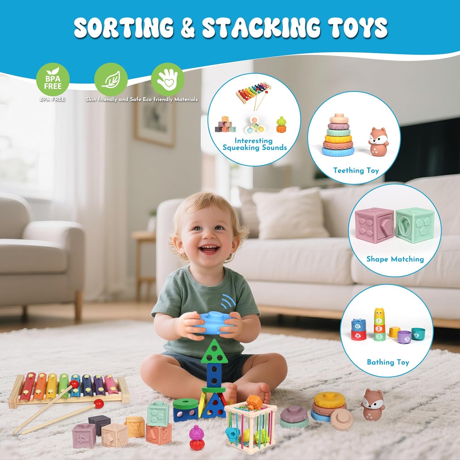 Baby Toys 18-36 Months, Montessori 7-in-1 Activity Set - Stacking Blocks, Infant Teething Toy & Sensory Bin, Baby Boys & Girls Gifts - Image 5