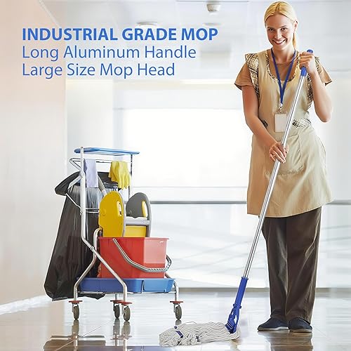 Miniatura 6 de Trapeador de cuerda de extremo de bucle resistente, trapeador industrial comercial con cabezales de repuesto adicionales, mango largo de 59 pulgadas