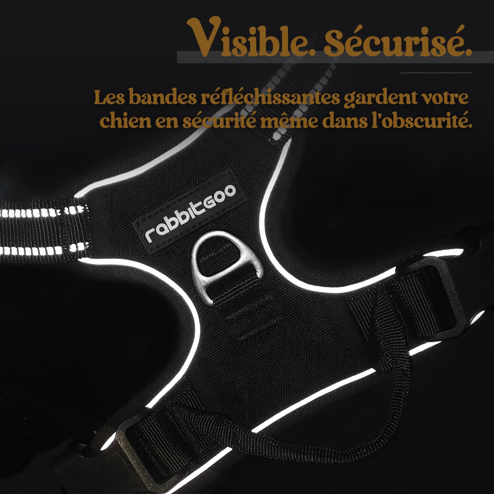 rabbitgoo Harnais Chien Anti Traction, Arnet pour Chiens avec Poignée Contrôl, Facile à Mettre, Gilet Réfléchissant Réglable avec Attache Devant, Harnais pour Chien Moyen Grand, Noir, L
