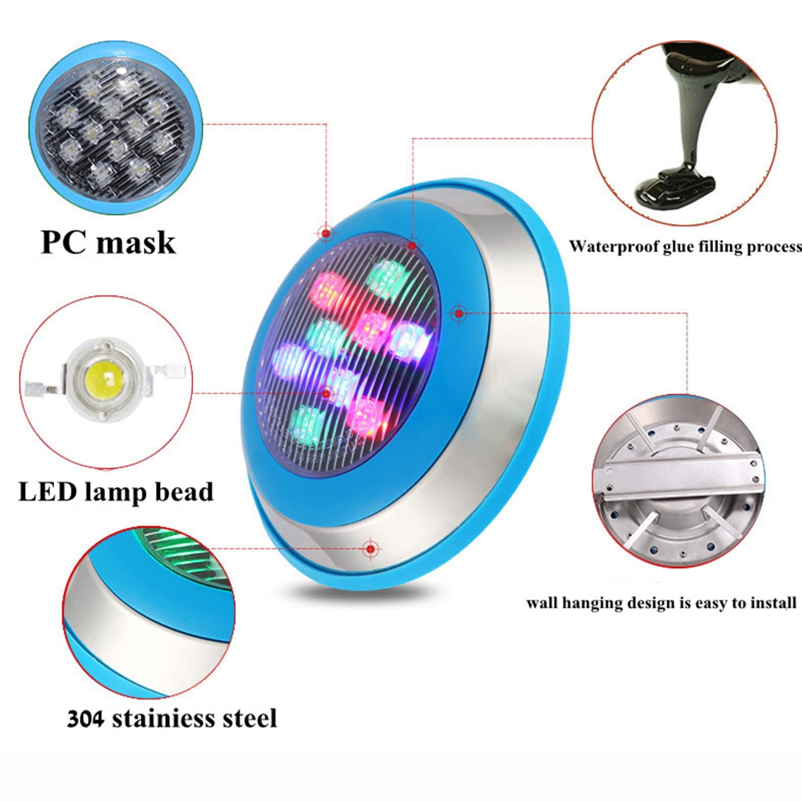 Luce della Piscina a LED montata a Parete, 6-54W lampade Blu Impermeabili in Acciaio Inossidabile Ip68 12/24VLuci subacquee (Color : AC12V-1-white Light, Size : 24w)