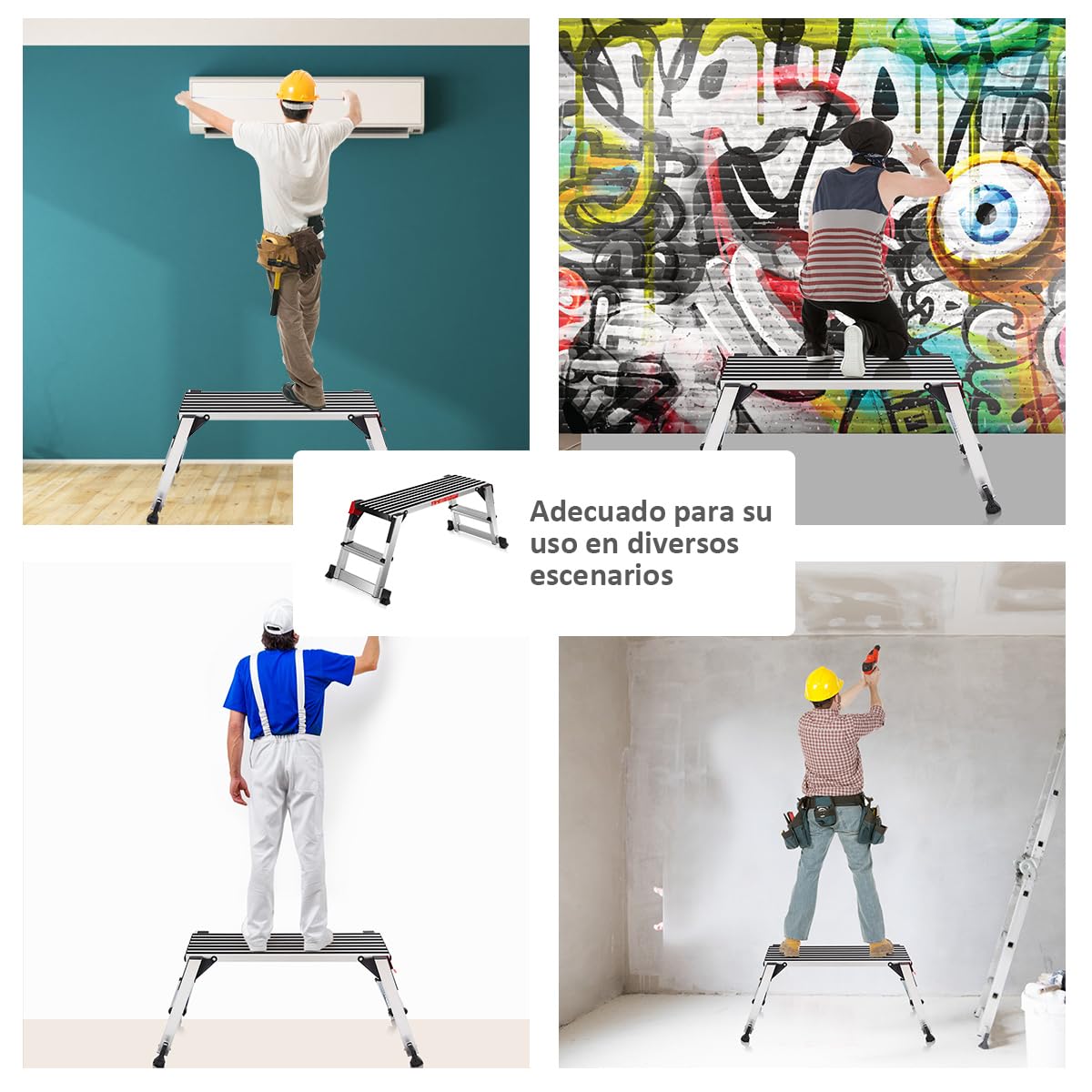 GOPLUS Plataforma de Trabajo de Aluminio, Escalera Plegable con Cerradura de Seguridad, Carga hasta 150 kg, Banco Estable con Alfombrilla Antideslizante para Taller Hogar