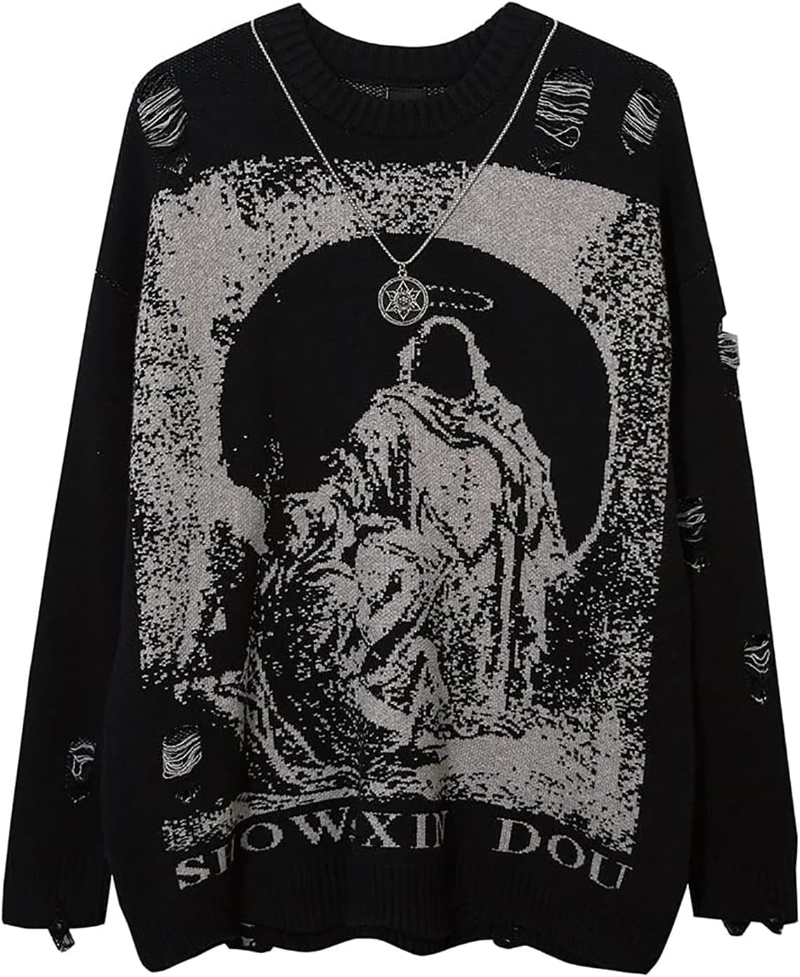 Mens Long Sleeve Printed Cable Knit Sweaters Casual Oversized Crewneck Sweater Pullover