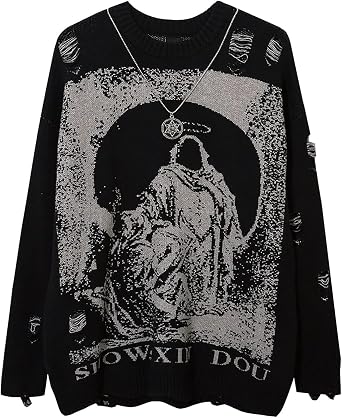 Harajuku Destroyed Hip Hop Destroyed Ripped Crewneck Pullovers Knitwears Sweaters Men Black