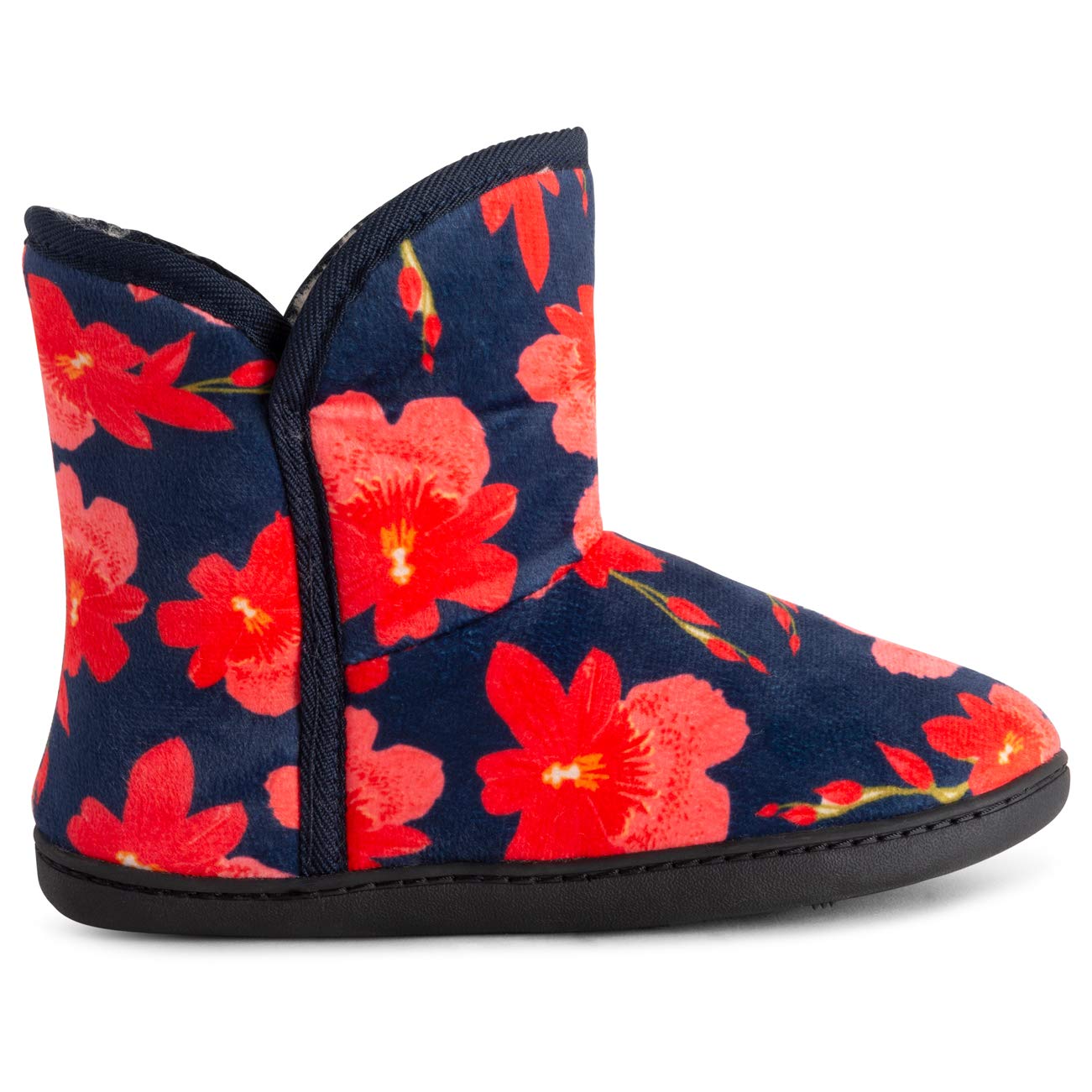 Polar Womens Memory Foam Indoor Faux Fur Fleece Bootie Rubber Sole Comfort Outdoor Anti Slip Durable Slippers - Blue Floral - UK6/EU39 - YC0753