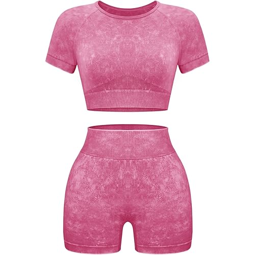 OLCHEE Womens Workout Sets 2 Piece - Seamless Acid Wash Yoga Outfits Shorts and Crop Top Matching Gym Athletic Clothing Set