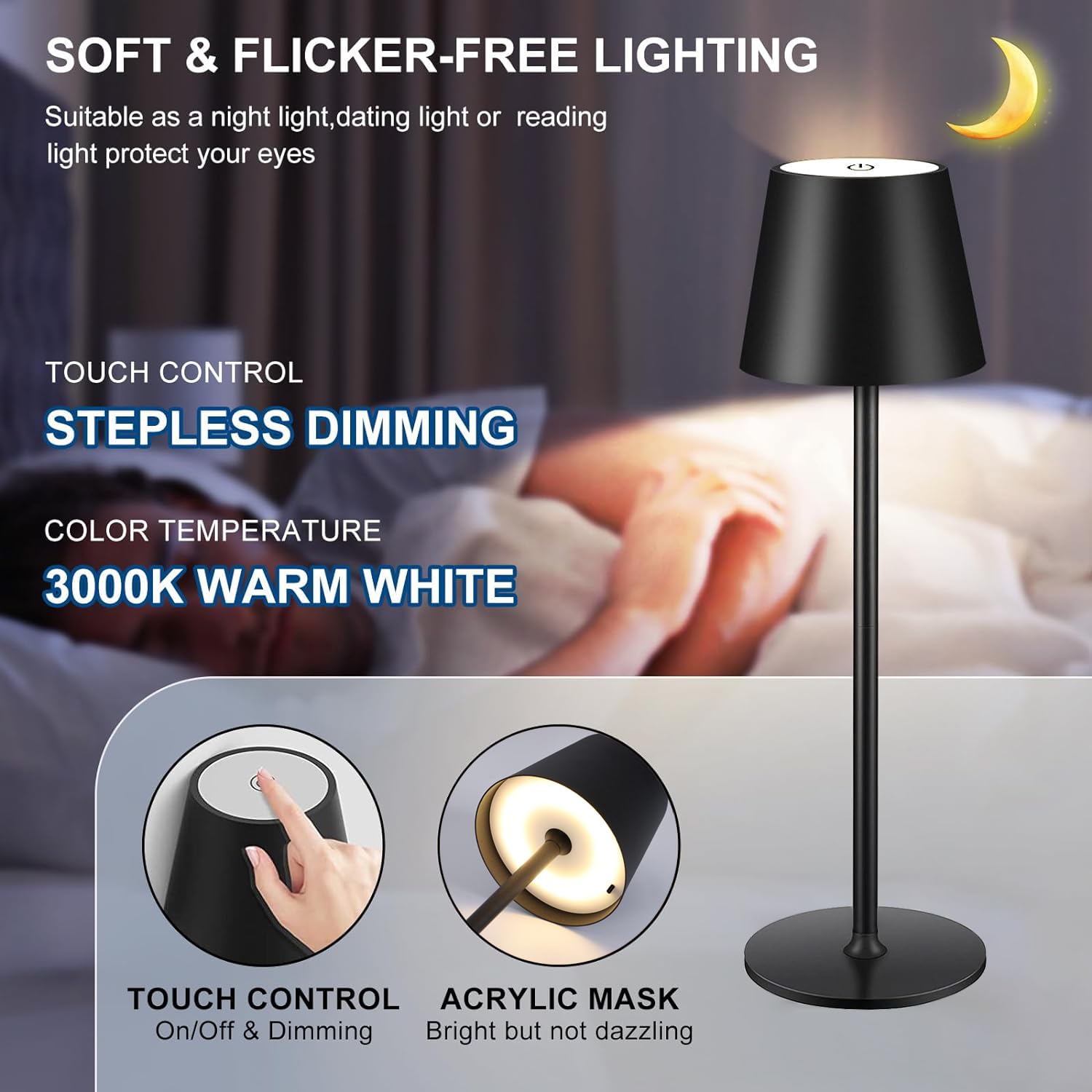2 Stück Dimmbare LED Akku Tischlampe, Touch Kabellose Tischleuchte mit USB-C, Metall LED Wiederaufladbar Akku Tischlampe für Outdoor und Indoor, Aluminium, IP44 Wasserdicht, 5600mAh, 5W, Schwarz