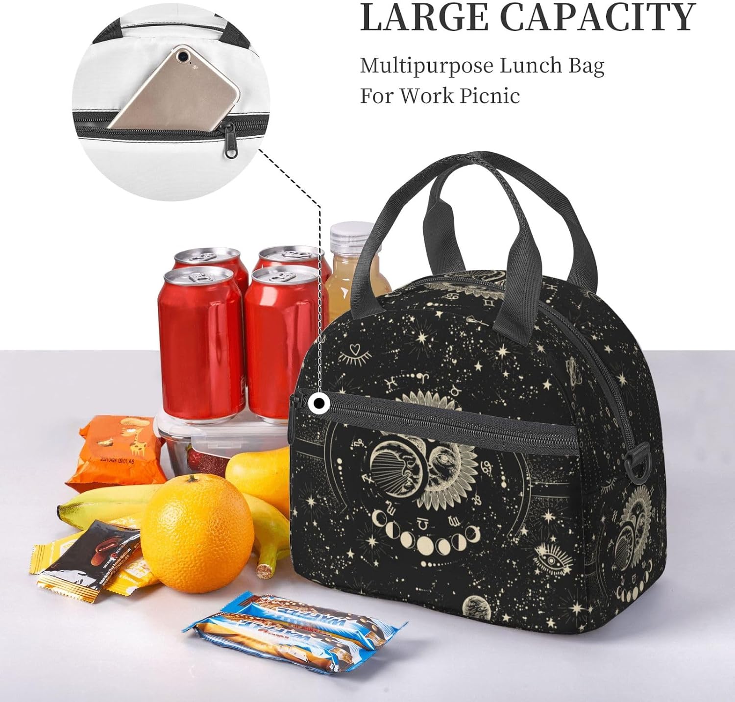 Gothic Sun Moon Reusable Insulated Lunch Box Small Waterproof Lunch Bag with Detachable and Adjustable Shoulder Strap for Office Picnic or Travel
