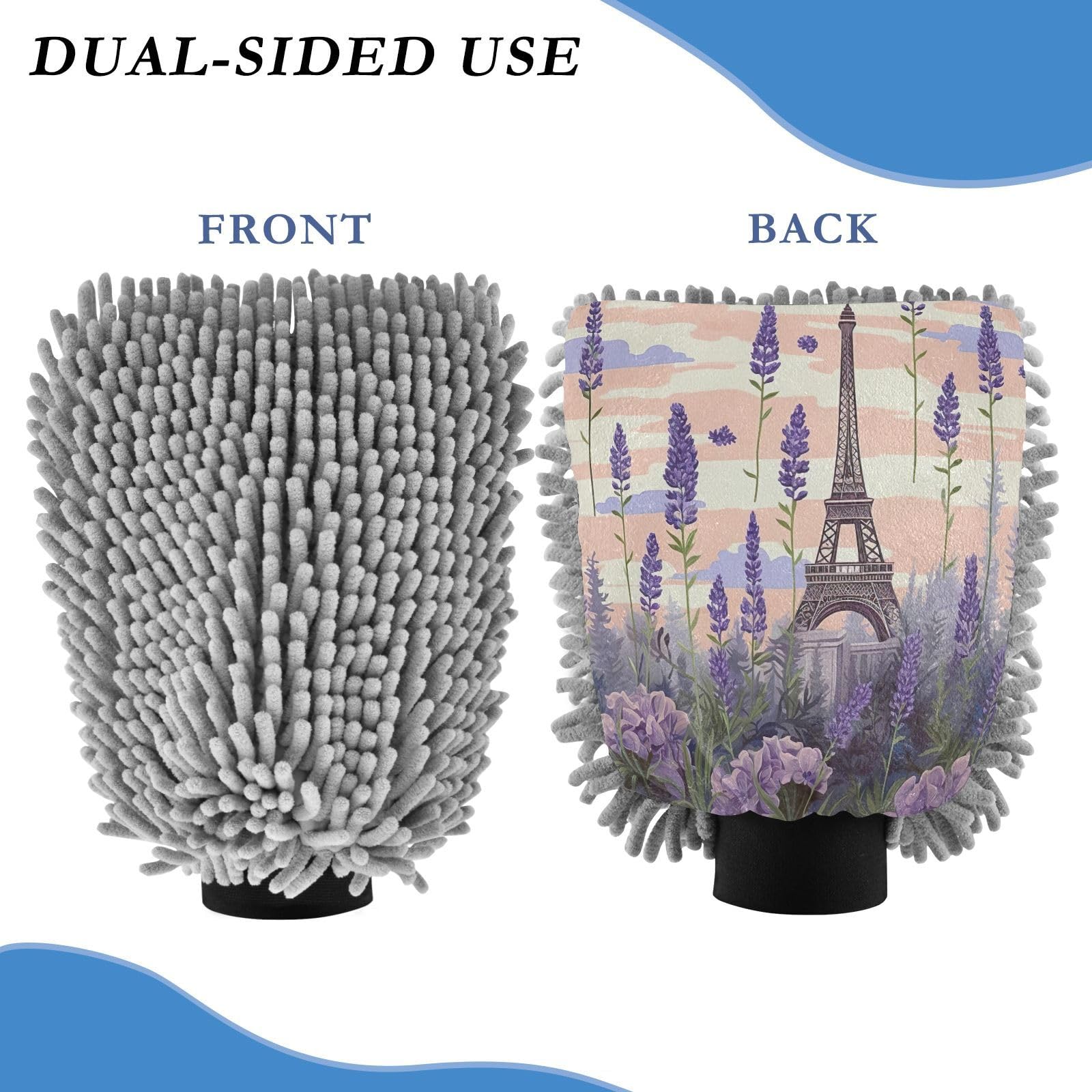 Flradish 2 Pack Lavender Eiffel Tower Car Wash Mitt Chenille Microfiber Lint-Free Scratch Free Ultra-Soft Absorbent Car Wash Mitt 10.2x7.09 Inch