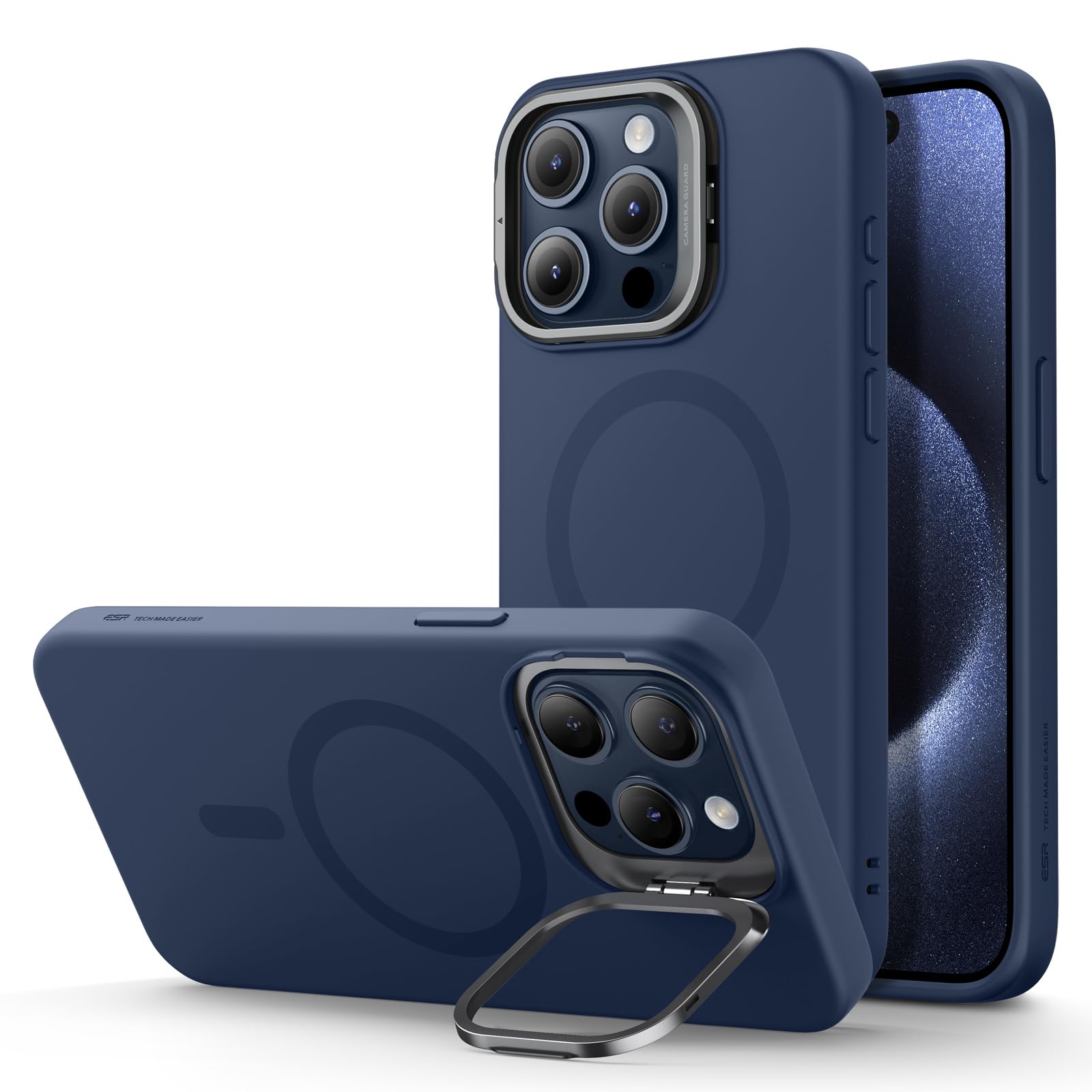 ESR MagSafe Silicone Case with Built-in Stand for iPhone 15 Pro Max - Military-Grade Protection, Camera Stash, Magnetic Phone Case, Cloud Series, Dark Blue