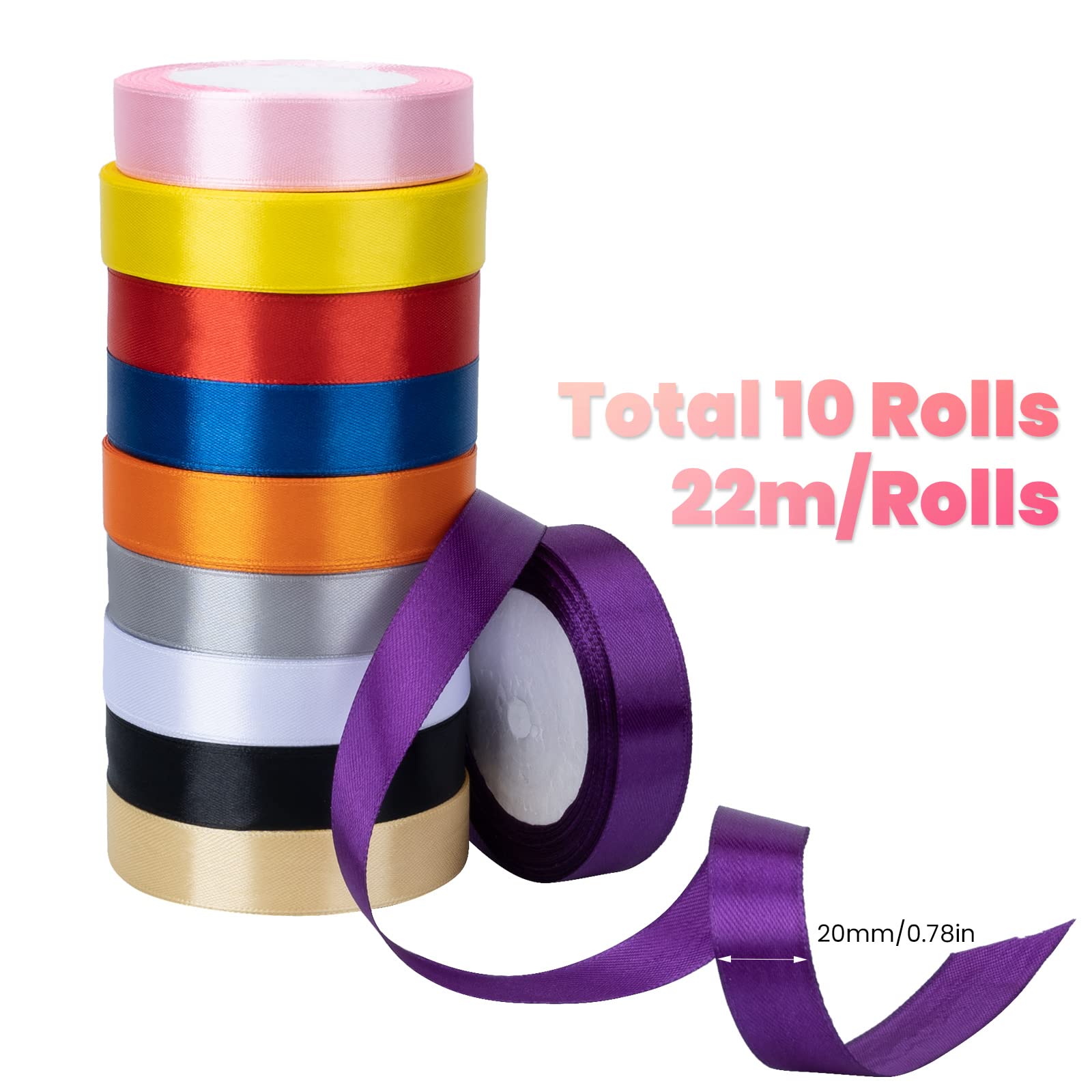 AKHTART Double Faced Satin Ribbon, 10 Rolls/10 Colours, Polyester Ribbon, Fabric Ribbon for Gift Wrapping Crafting, Balloons - Image 2
