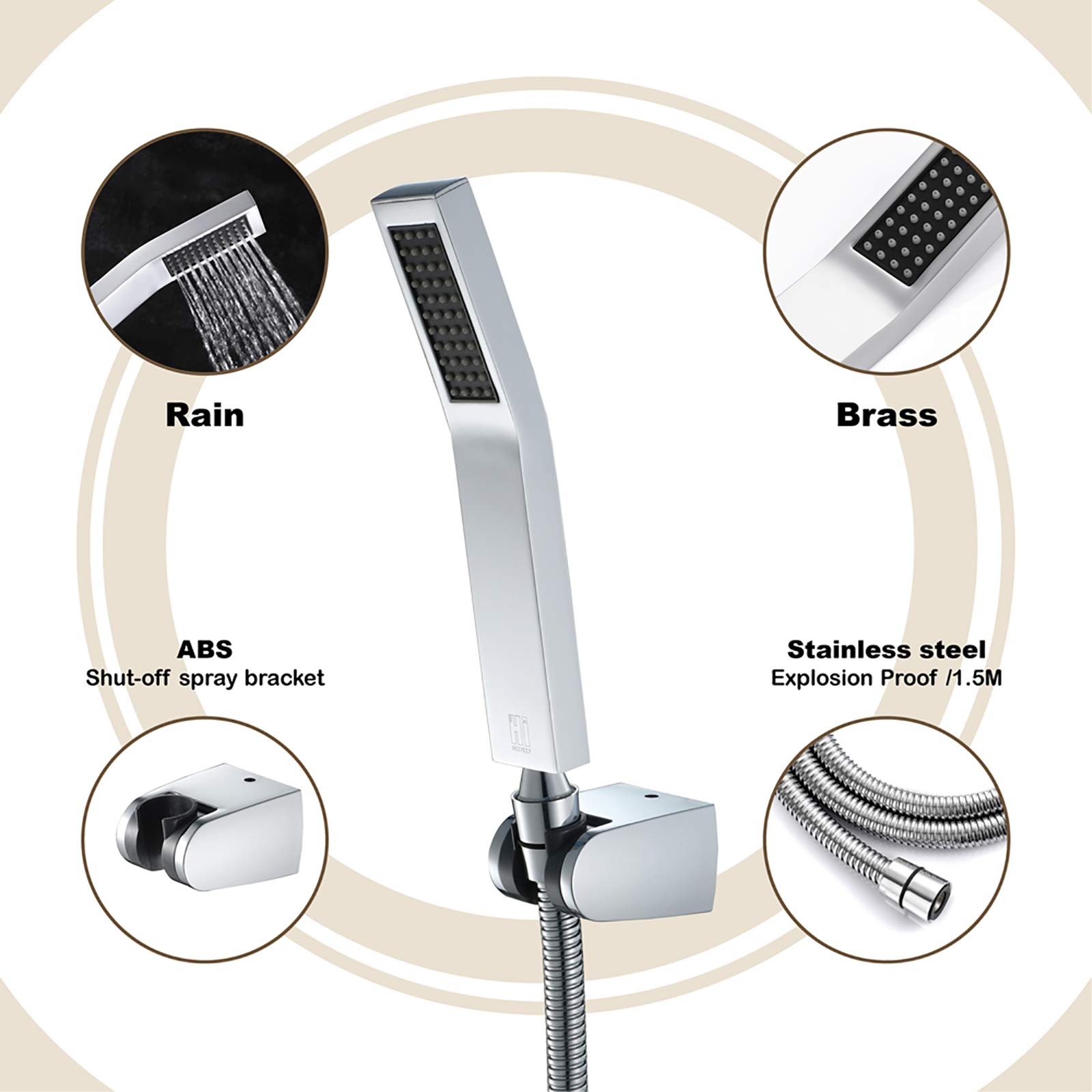 Cromado Alcachofa de Ducha Universal Latón Cabezal de Ducha, Alta Presión Ducha de Mano con ABS Soporte y 1.5M de Acero Inoxidable Tubo Flexible