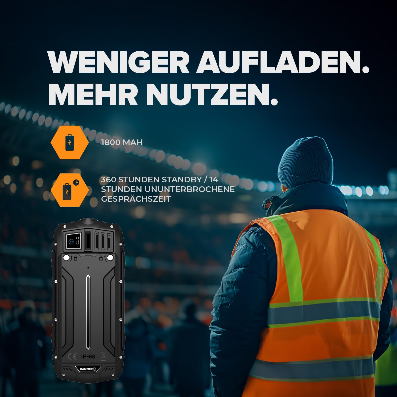 Hammer H Basalt Outdoor Handy ohne Vertrag, 2.4 Zoll Farbdisplay, Robust, Mega Batterie 1800 mAh, Wasserdicht (IP68), Stoßfest, Baustellen Tasten, Taschenlampe, Dual SIM, Tastenhandy - Schwartz