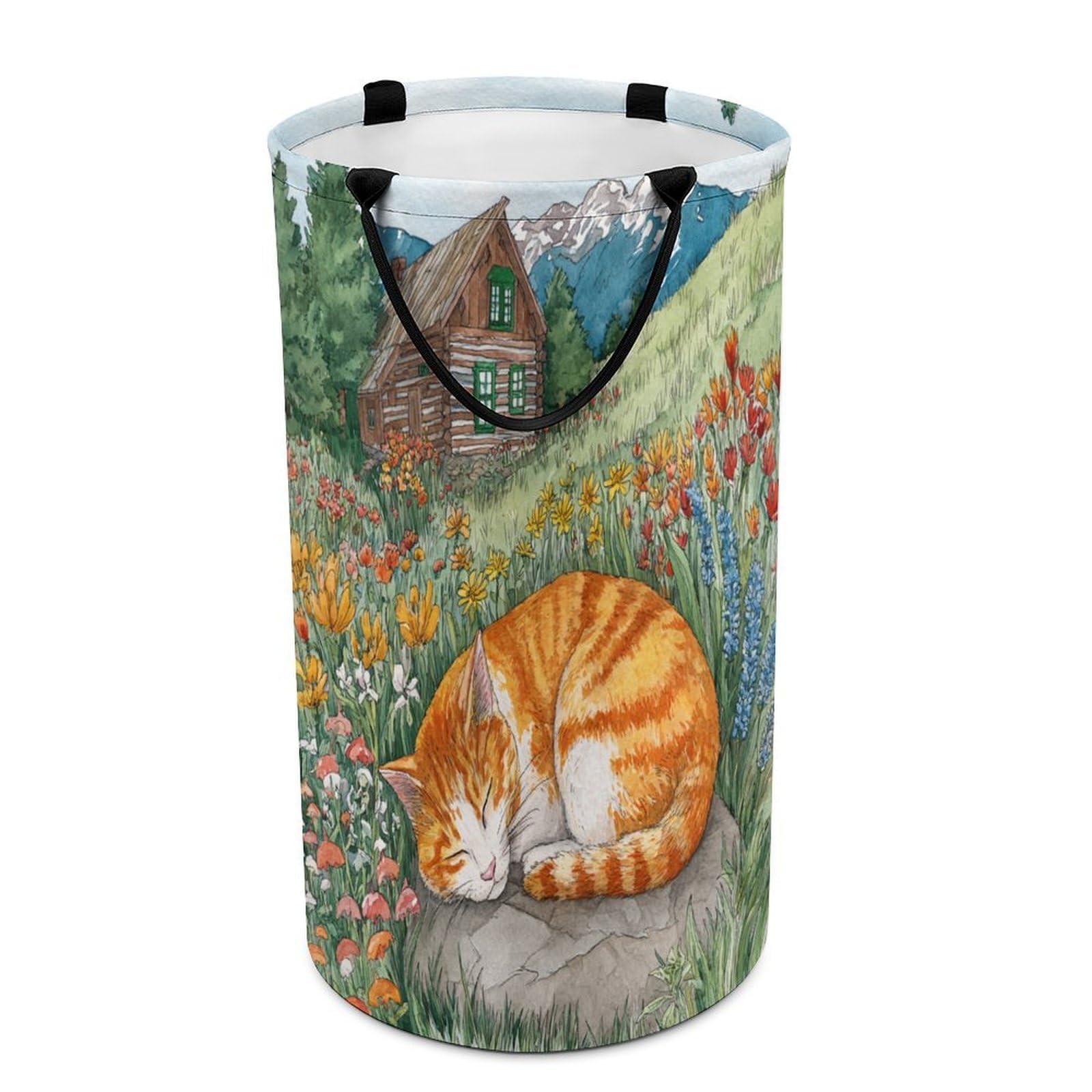 LUYYSKY Rustic Funny Cute Kitten Versatile Storage Laundry Basket, Modern Colorful Spring Log Cabin Plants Flowers Animals Kitten Large Capacity Bathroom Hamper With Handle