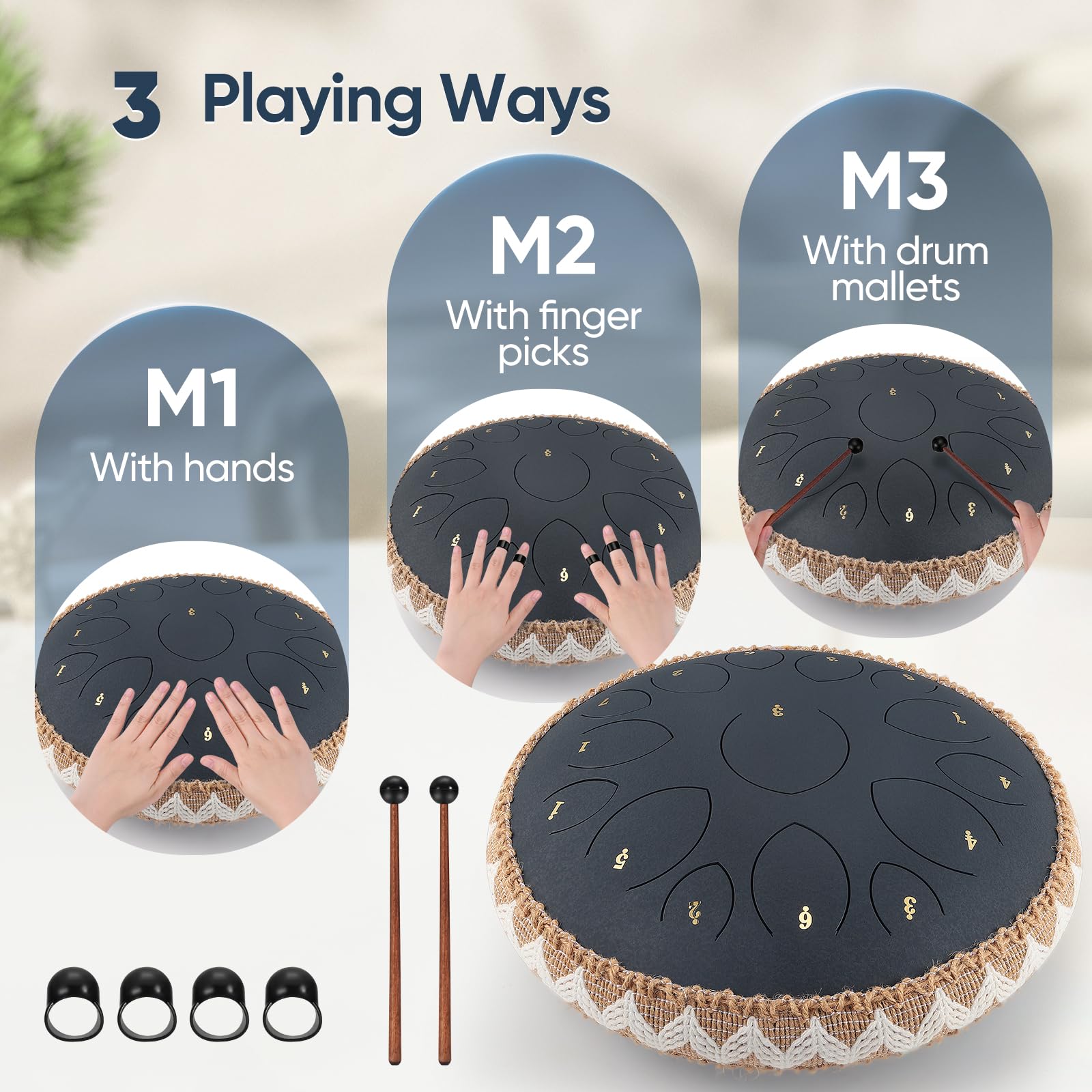 Steel Tongue Drums, Tambor de Lenguetas de acero de 14 pulgadas 15 notas, Instrumento musical para niños, Handpan para Meditación, Relajación de Melomanas y Principiantes