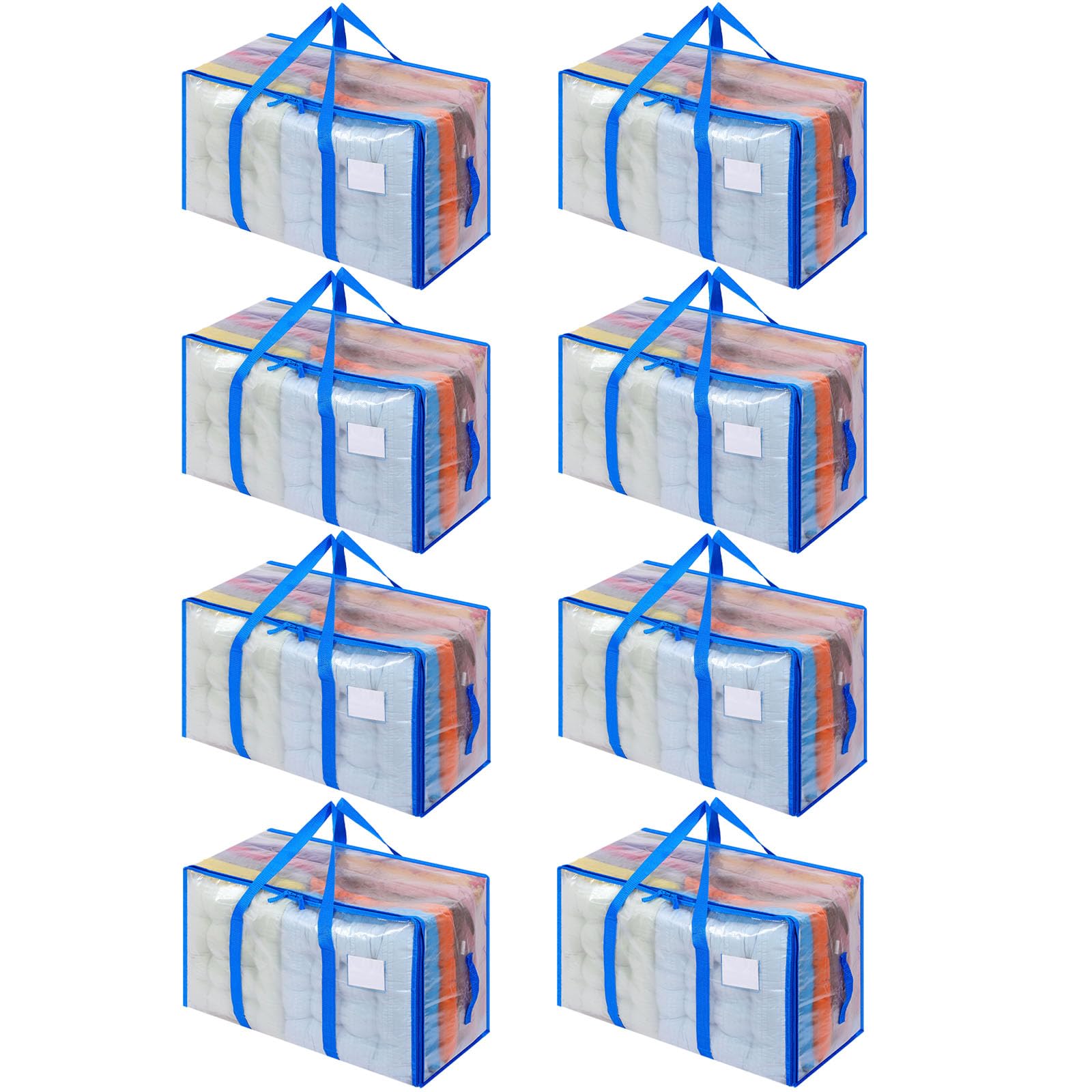 Dntorx 8 Pack 105L Clear Moving Bags Clothes Storage Bags Heavy Duty Moving Totes Packing Box with Zips for Clothes Bedding Duvet Toys Storage Blue