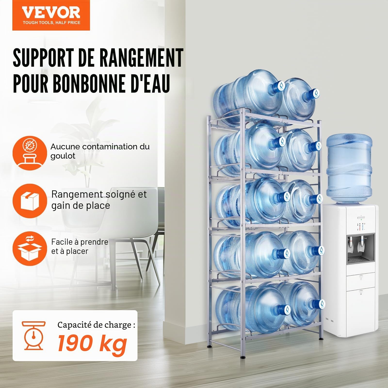 VEVOR Rack à Bonbonnes à 5 Niveaux et 2 Rangées, Support Bouteille d’Eau de 18,9 L, Capacité 10 Pièces, Range Bonbonnes d’Eau Solide, Rangement pour Garde-Manger, Cuisine, Bureau, Salon, Usine