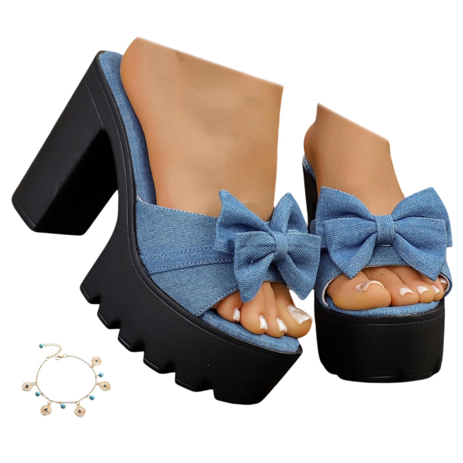 Sandalias De Plataforma Con Tacón Para Mujer, Mules Verano Con Punta Abierta Lazo Tacón Ancho Sandalias Sin Cordones Elegantes Talla Grande Zapatos Casuales Para Fiesta Vacaciones