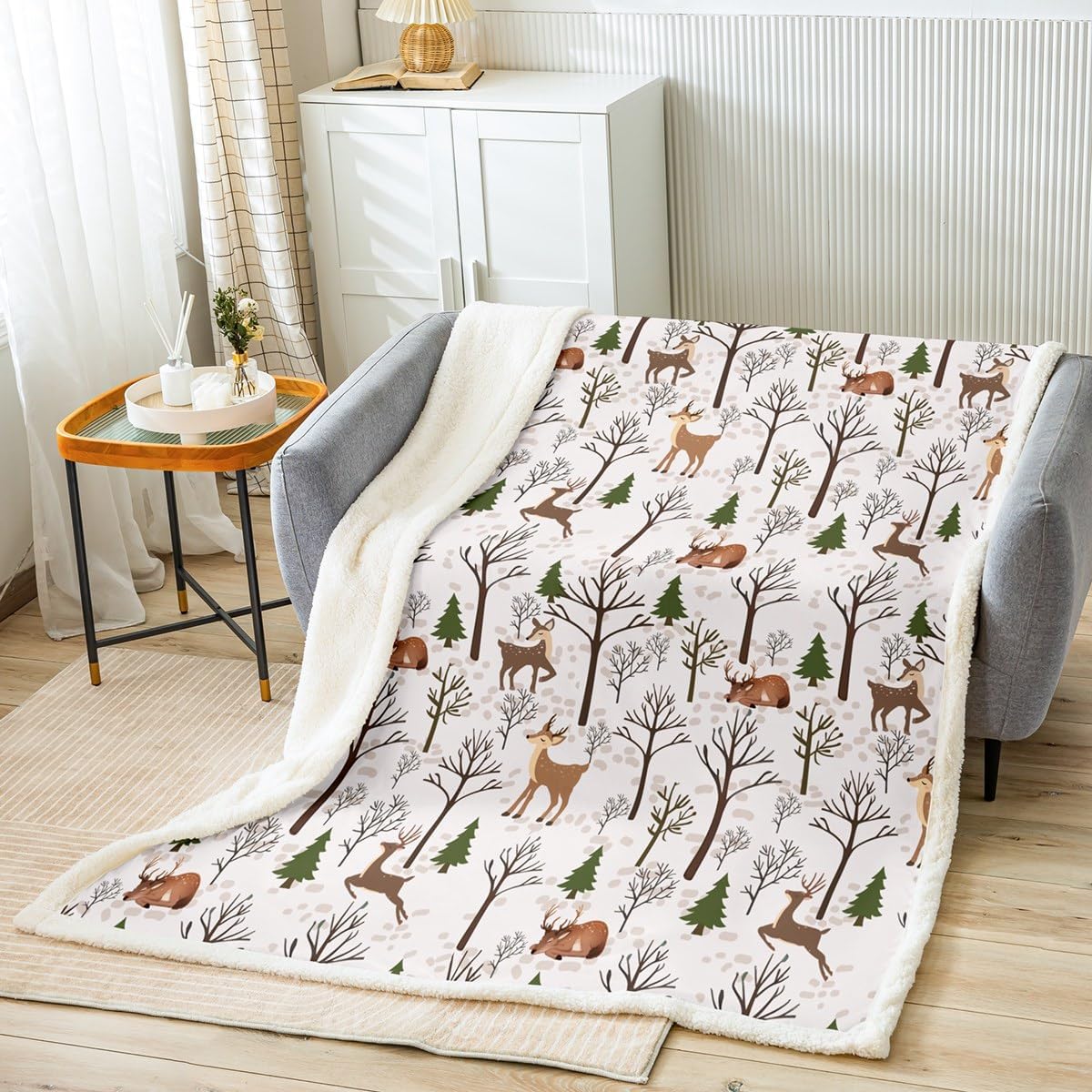 Kids Cartoon Deer Plush Blanket Toddler Cute Brown Elks Fleece Throw Blankets Jungle Wild Animals Sherpa Blanket Nature Woodland Trees Fuzzy Blanket for Sofa Bed Couch, Bedroom Decor 40x50 Inch