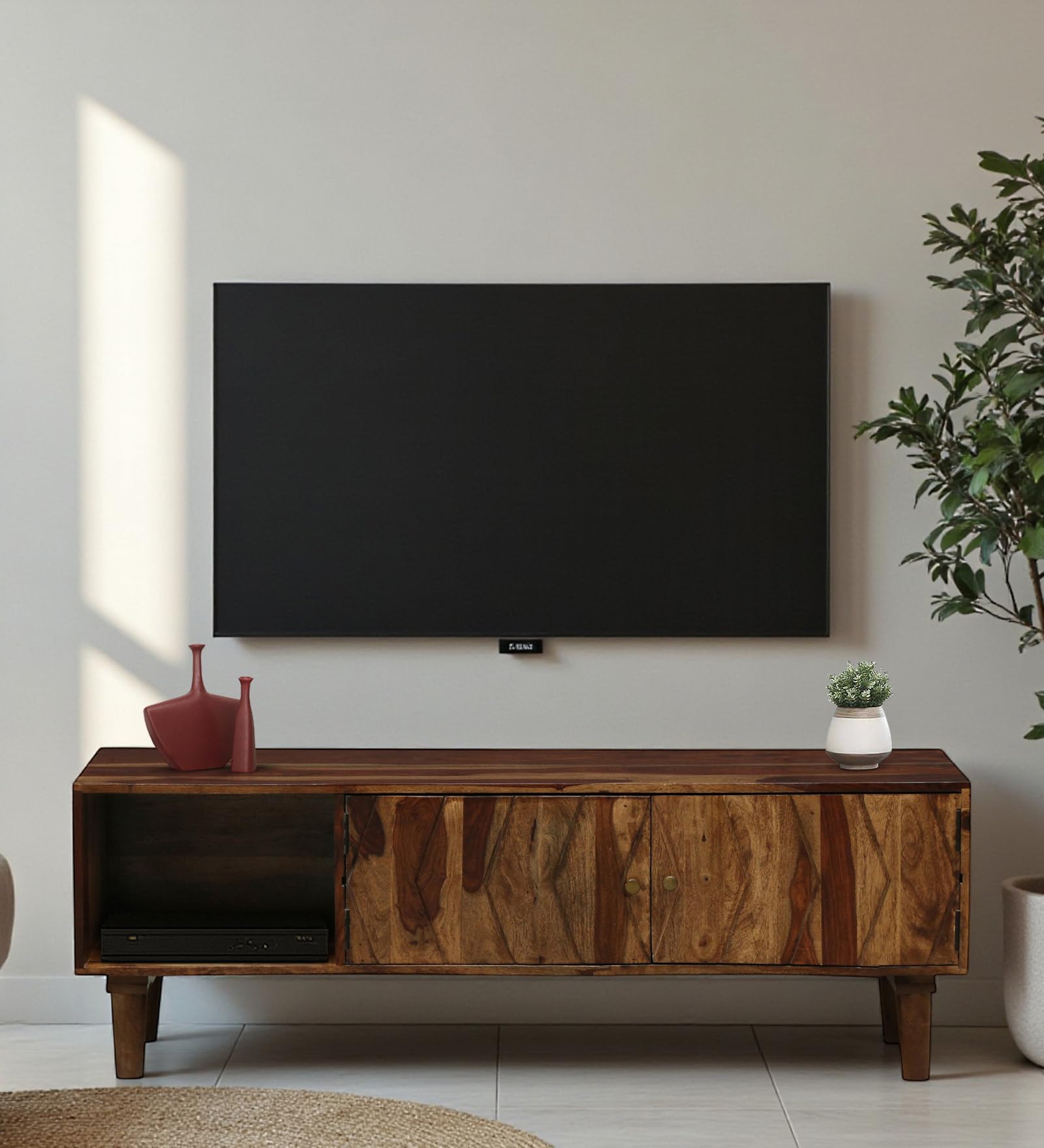 Solid Sheesham Wood Entertainment Tv Unit for Living Room | Free Standing Media Tv Cabinet Sideboard | Tv Table Side Board with 2 Door Cabinet & Shelf Storage | Provincial-image-12