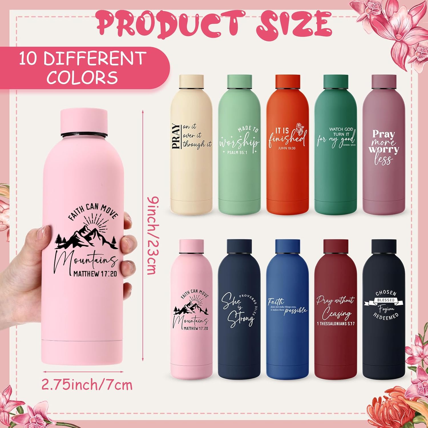 LemonRoad 10 Pcs Christian Gifts for Women Stainless Steel Water Bottles 17oz Christian Tumbler Bible Verse Cups Christmas Religious Gifts for Easter Religious Church(Multicolor,Fashion)