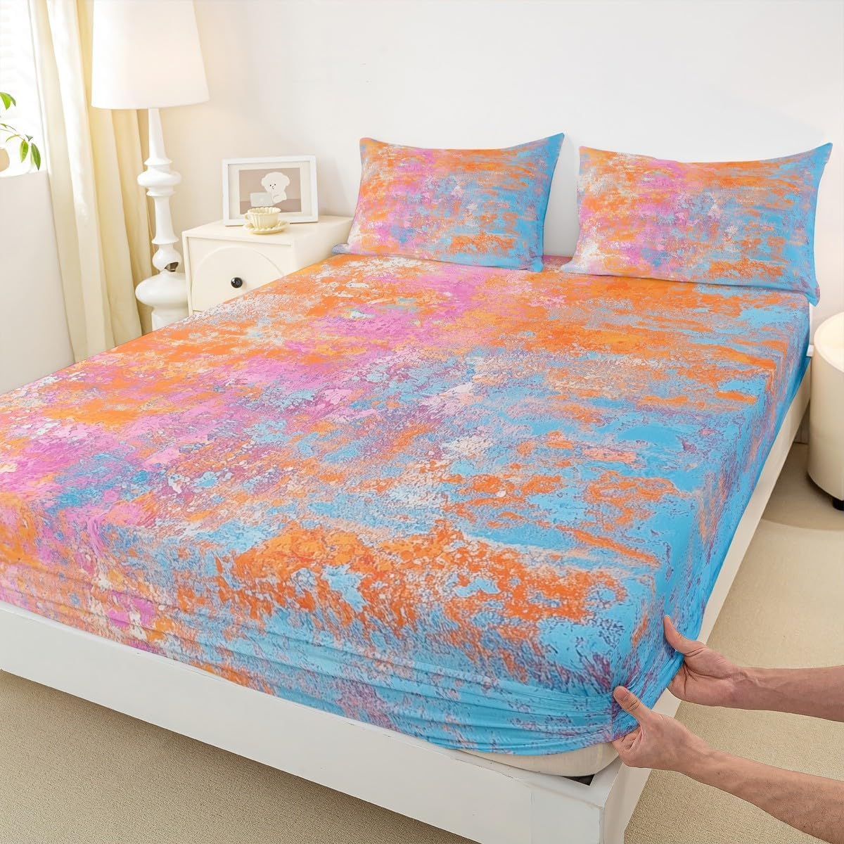 Drap Housse 180x200 cm Résumé 3D Drap-Housse Marbre Draps Housses Microfibre 2 Personnes avec 2 Taie d'oreillers pour Matelas Épais XCW4914