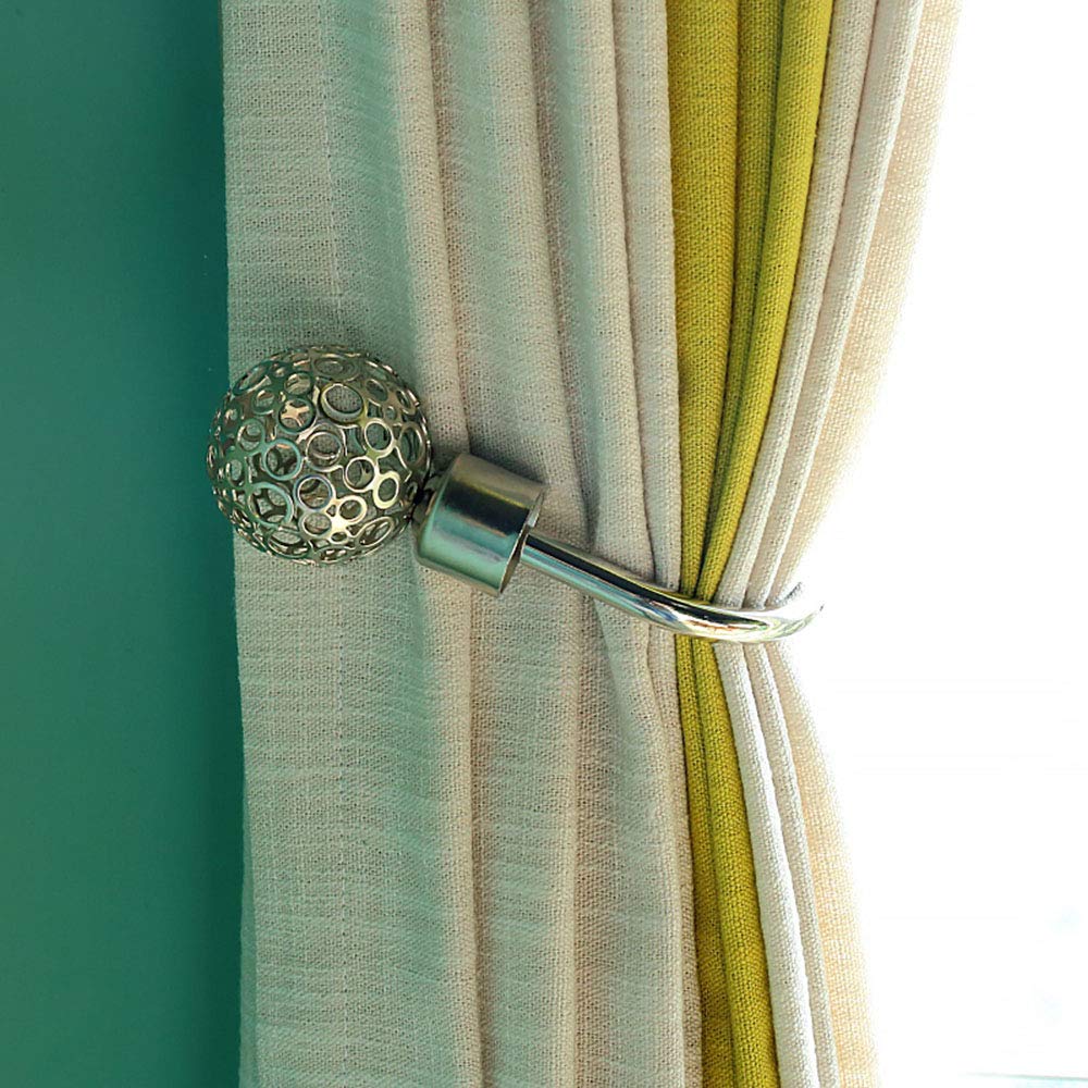 Ajingela 2072-Silver Curtain Holdbacks,Fashion Round Openwork Design Curtain Drapery Holdbacks Tie Back, Curtain U Metal Hooks(1 Pair,Silver)