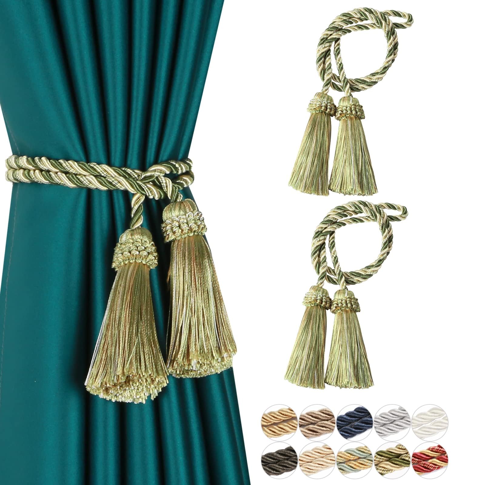 Fenghuangwu 2/4 Pack Curtain Tiebacks Handmade Decorative Curtain Holdbacks Rope with Tassel (Green - 2P)