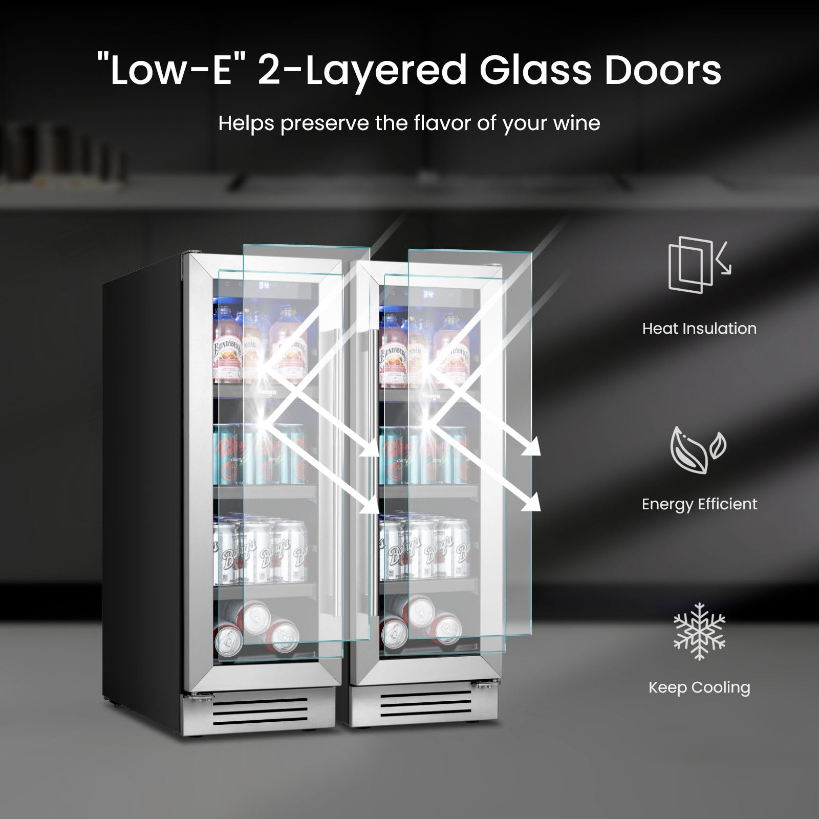 YEEGO Beverage-Refrigerator,12 Inch Beverage Cooler 2pcs Small Wine Fridge Built-In Or Freestanding With Auto Defrost, Mini Fridge With Glass Door For Bottles And Cans Beer/Soda/Water/Wine on Fridge.com - View 3