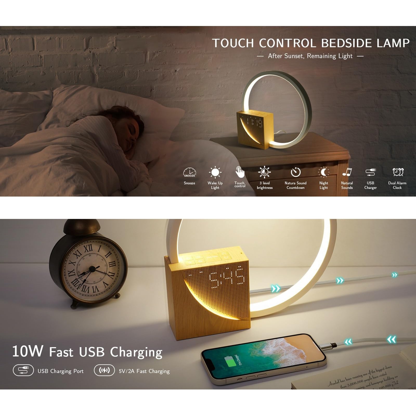 Réveil Lumineux Wake Up Light Sunrise avec Double Alarme, Sons Naturels, Veilleuse Réglable, Lampe De Chevet à Commande Tactile pour Un Réveil En Douceur
