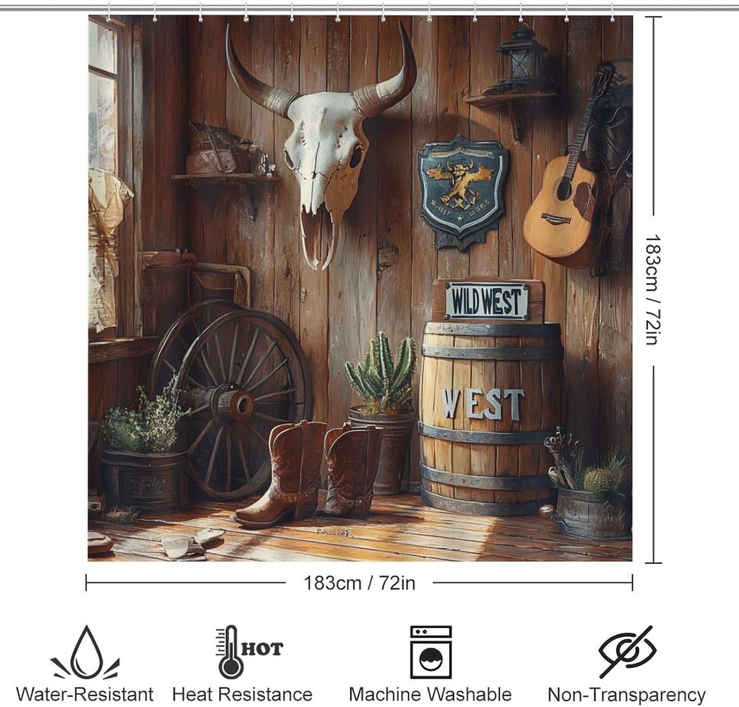 Bathroom Rugs Sets 4 Piece with Shower Curtain, Western Gear Display Pattern Printed on Bathroom Rug and Shower Curtain Sets, Designed for Farmhouse Boho Contemporary Bathrooms, 72 x 72 inches