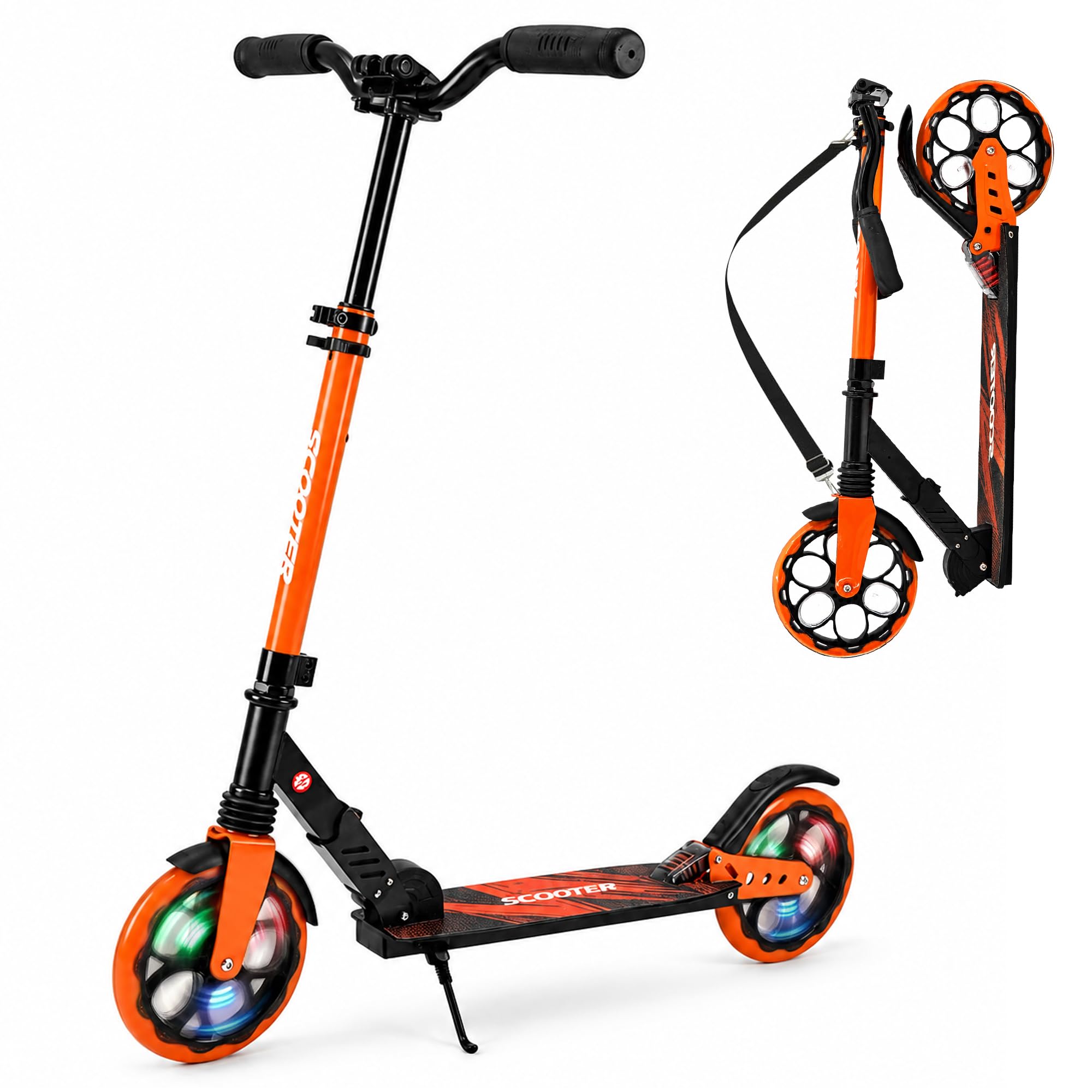 TENBOOM Kick Scooter for Kids Ages 8-12, Teens & Adults, Handlebar Adjustable, Folding Scooters with 200mm Light-Up Wheels, Double Suspension