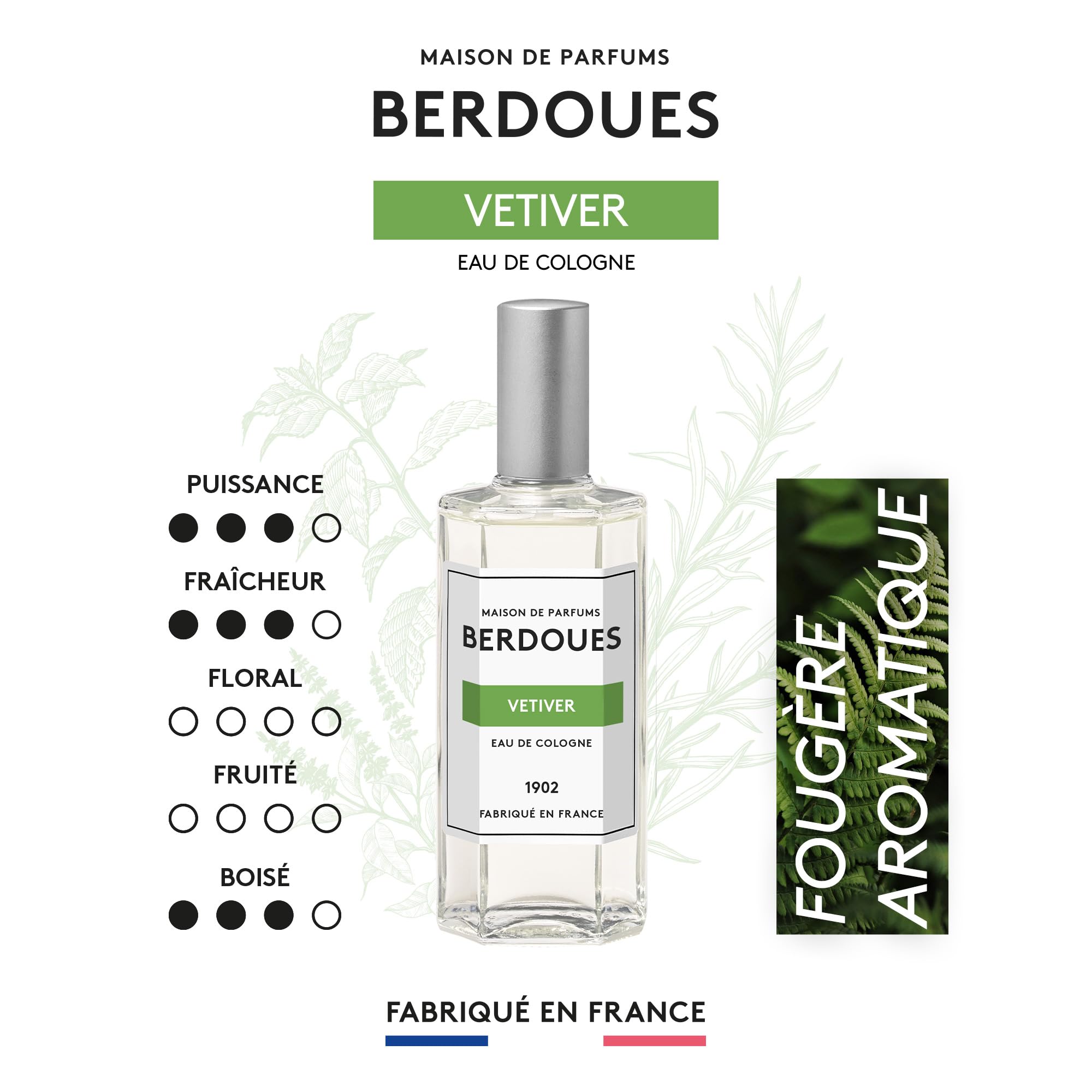 BERDOUES 1902 Eau de Colonia Vetivier, Fresca e Aromatica Made in Francia, Profumo Donna e Uomo, Verbena, Rosmarino, Vetiver, Ricarica 480ml