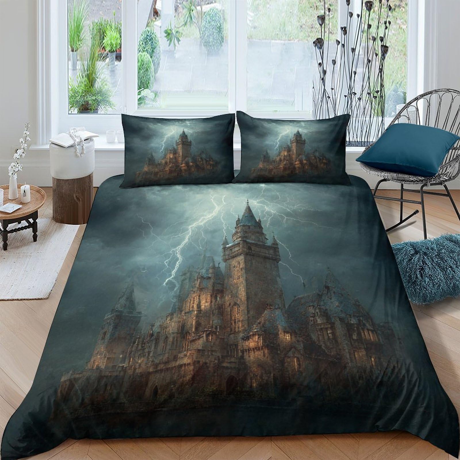 TUFRTGYHN 3D Printed Dark Castle Duvet Cover Microfiber Soft Gothic Stormy Night Bedding Set with 2 Pillowcases for Bedroom Decor Single（135x200cm）