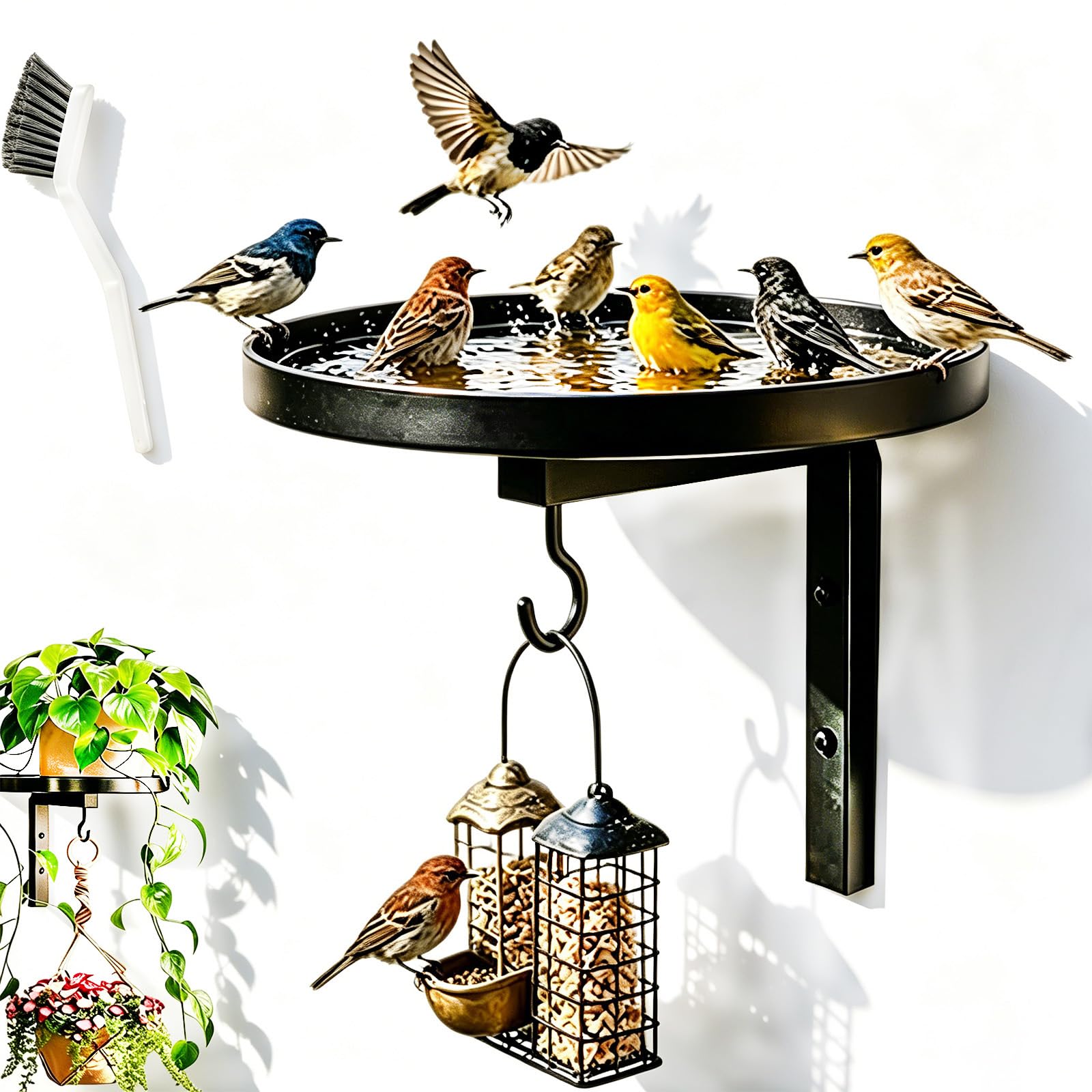 Metal Wall-Mounted Bird Bath Feeder with Hook, Bird Bath Wall Mounted, 2 in 1 Iron Wall Mount Bird Bath Tray, Rustic Metal Feeder for Garden Balcony Fence Outdoor Tree (1PC)