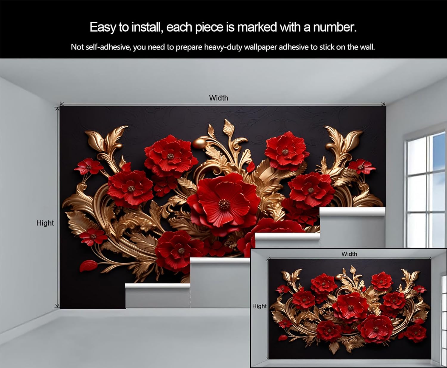 Embossed Flowers Wallpaper, 3D Floral Wall Paper Murals, Luxury Petals Wall Paper for Living Room, Red Flowers Removable Wallpaper for Renter, Woman Flower Large Mural & Girls Room Decor