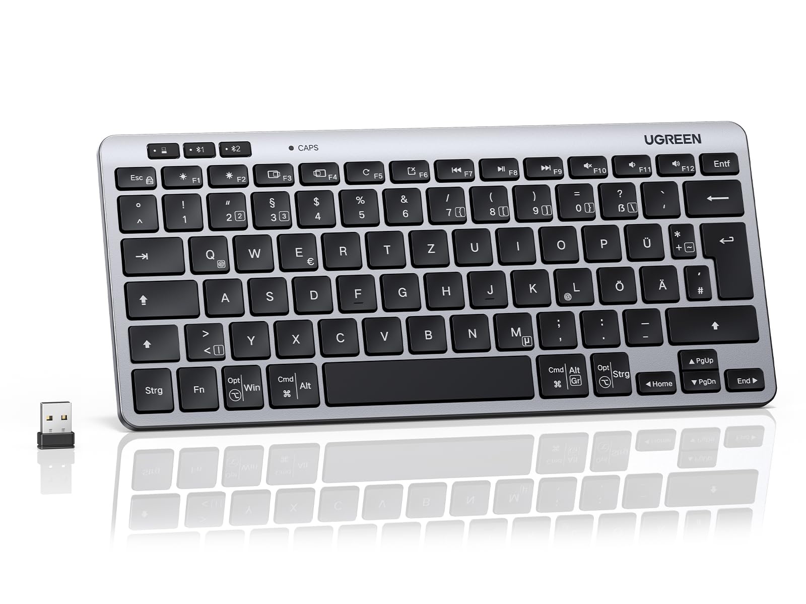 UGREEN Bluetooth Wireless Keyboard (BT5.3+2.4G), Slim Scissor Mechanism for Quiet Typing, Up to 500 Days Battery Life, Compatible with Windows/macOS, Portable Mini Keyboard QWERTZ Layout