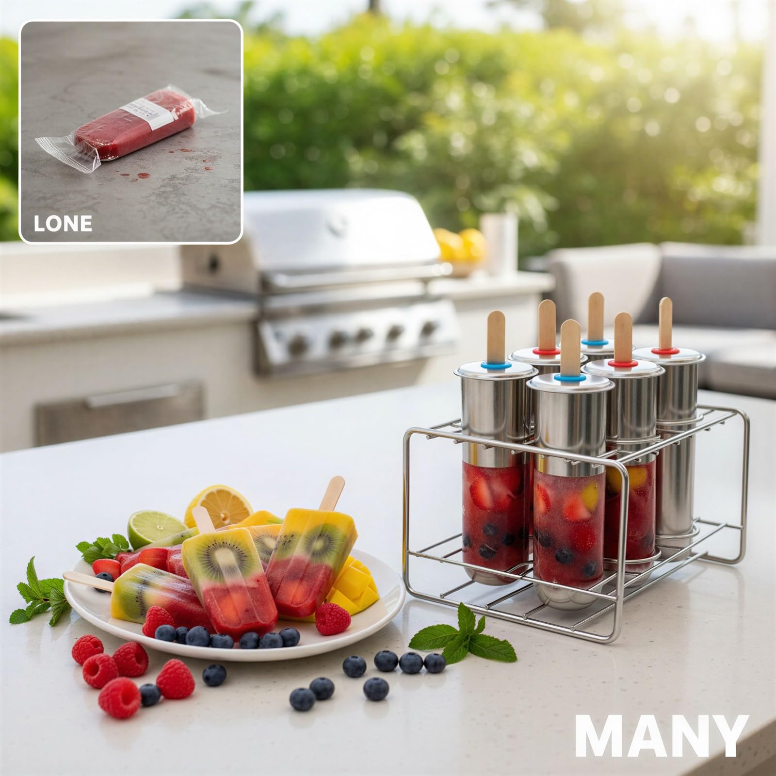Lot de 6 moules à esquimaux en acier inoxydable avec support, kit réutilisable pour glaces maison, moules ronds à congeler avec bâtonnets et sachets, pour créations DIY