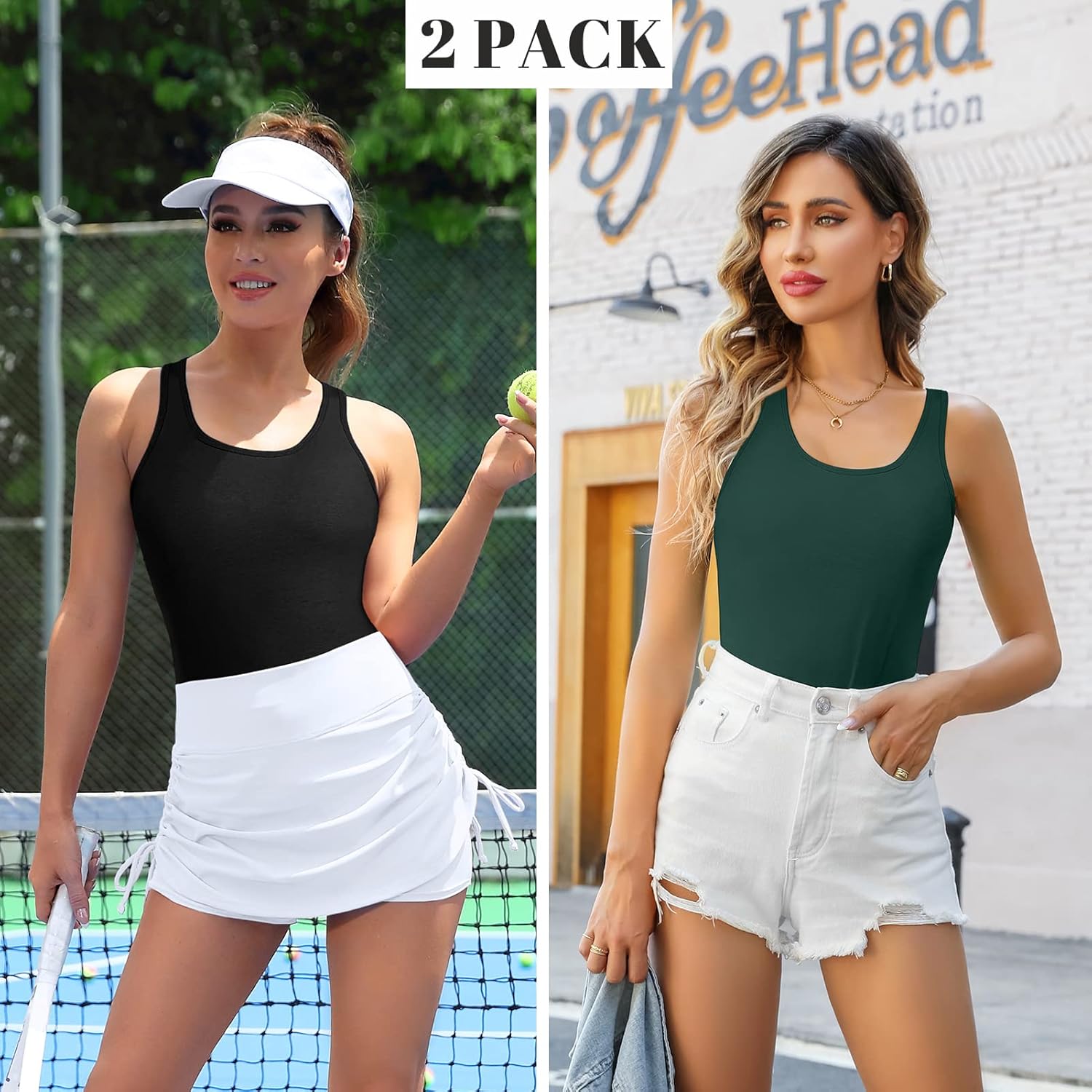 V FOR CITY Womens Shelf Bra Tank Tops Racerback Workout Camis Yoga Shirt Cotton Undershirt 2 Pack - Image 2