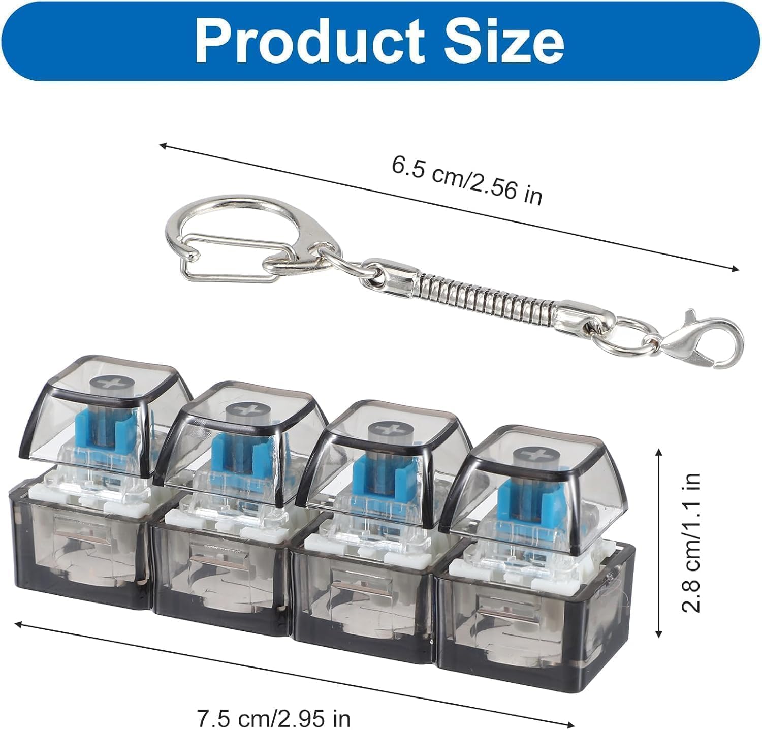 ZUDELLA Mechanical Keyboard Switch Keychain, Blue Switches, Transparent Keycaps, Tactile Clicky Fidget Toy, 4 Keys, for All Ages 1