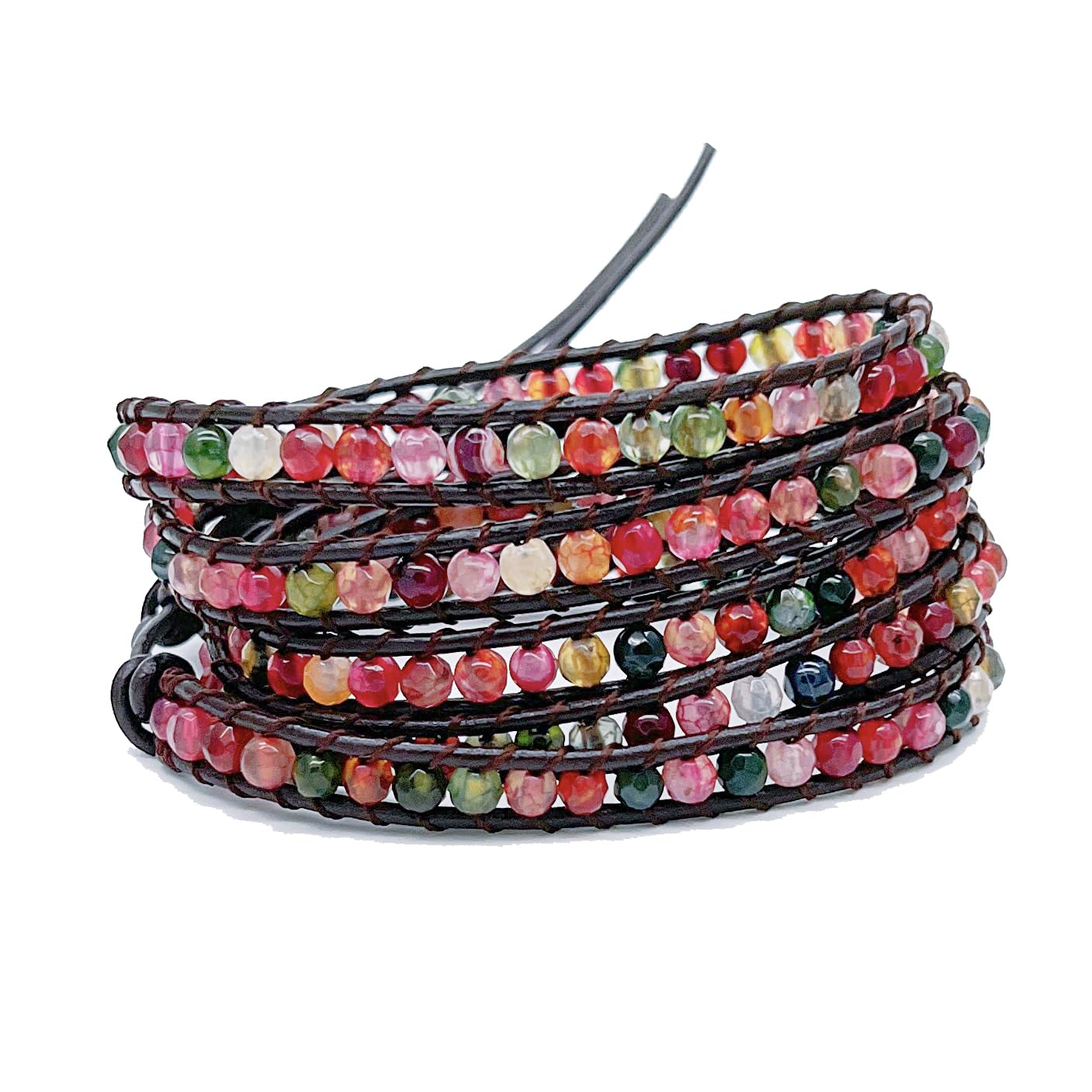 BLUEYES COLLECTION Winsome Multi Color Facetted Cut Natural Gemstone on Genuine Leather Bracelet, 5 Wraps, 4mm/bead