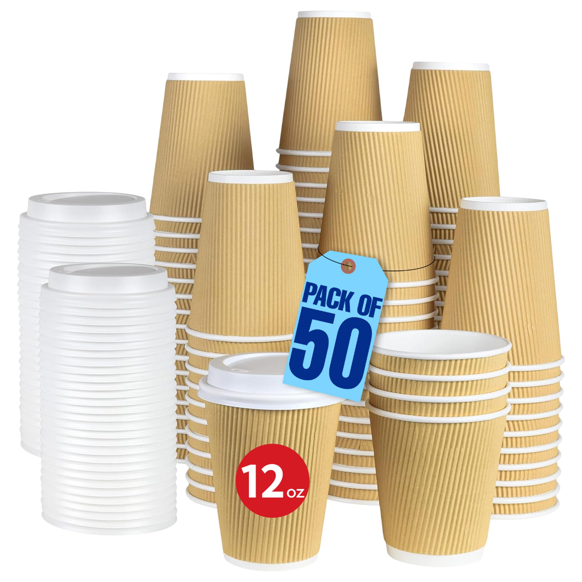 MARKQ [Set of 50] [12 Oz] Brown Disposable Ripple Insulated Coffee & Tea Cups with Lids - Hot Beverage Corrugated Paper Cups - Eco-Friendly