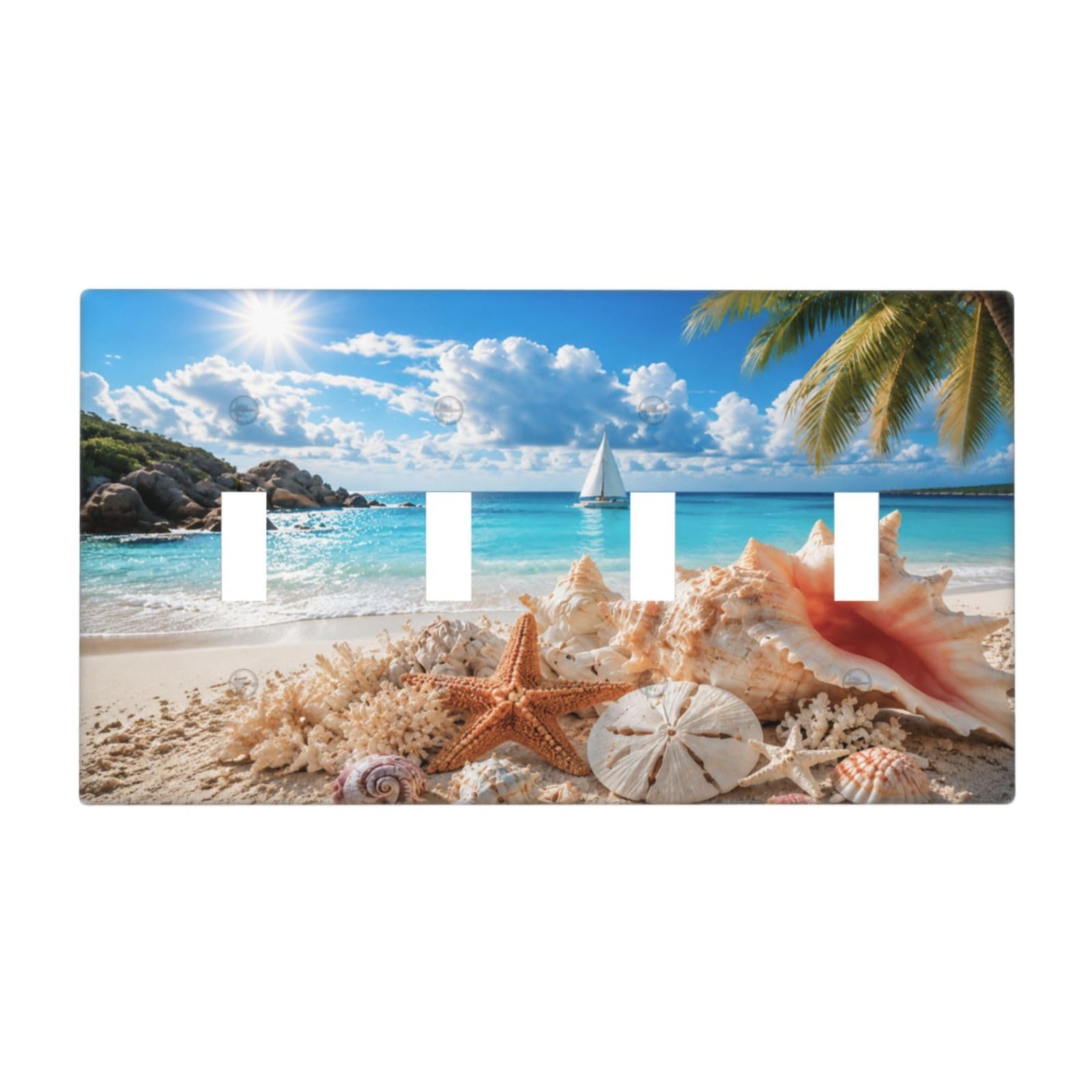 Xuejiaku Beach Seashell Starfish Ocean Decorative Quad Toggle Wall Plate 4 Gang Light Switch Covers Coastal Tropical 4 Hole Electrical Outlet Covers Faceplate For Bedroom Home Decor