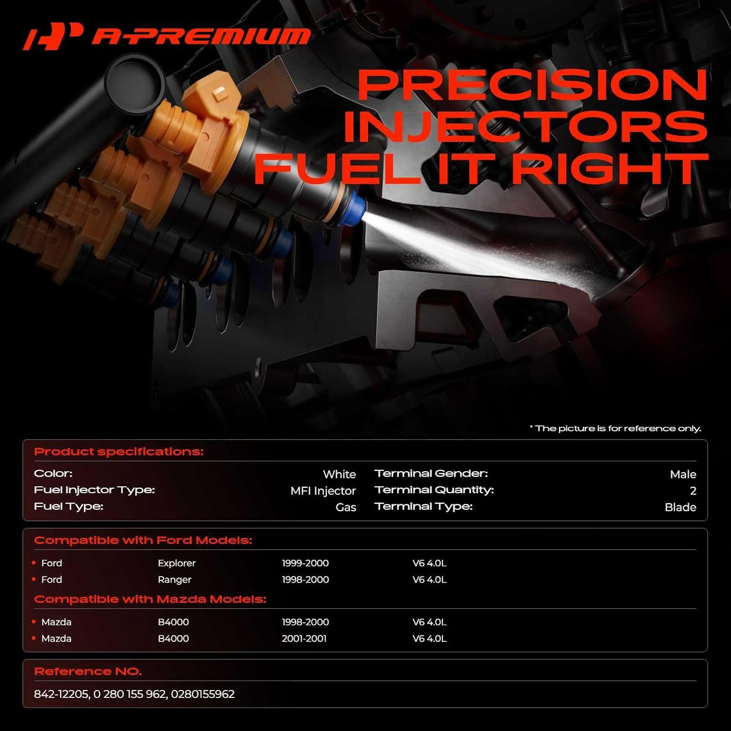 A-Premium 0280155962 Fuel Injectors Compatible with Ford Explorer 1999 2000, Ranger 1998 1999 2000 & Mazda B4000 1998 1999 2000 2001, V6 4.0L, Gas, Replace# 84212205
