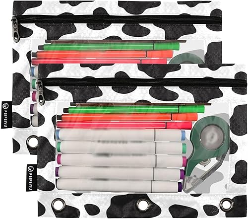 Miniatura 2 de Estuche para lápices con estampado de vaca en blanco y negro para carpeta de 3 anillos, 2 bolsas para lápices con cremallera, estuche transparente
